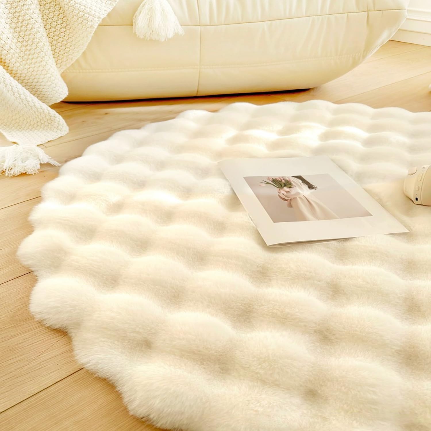 Alfombra de piel sintética de conejo, alfombra redonda de felpa suave, lavable a máquina, alfombra lanuda para dormitorio y sala de estar, alfombra de estilo moderno para mesa de café y sofá