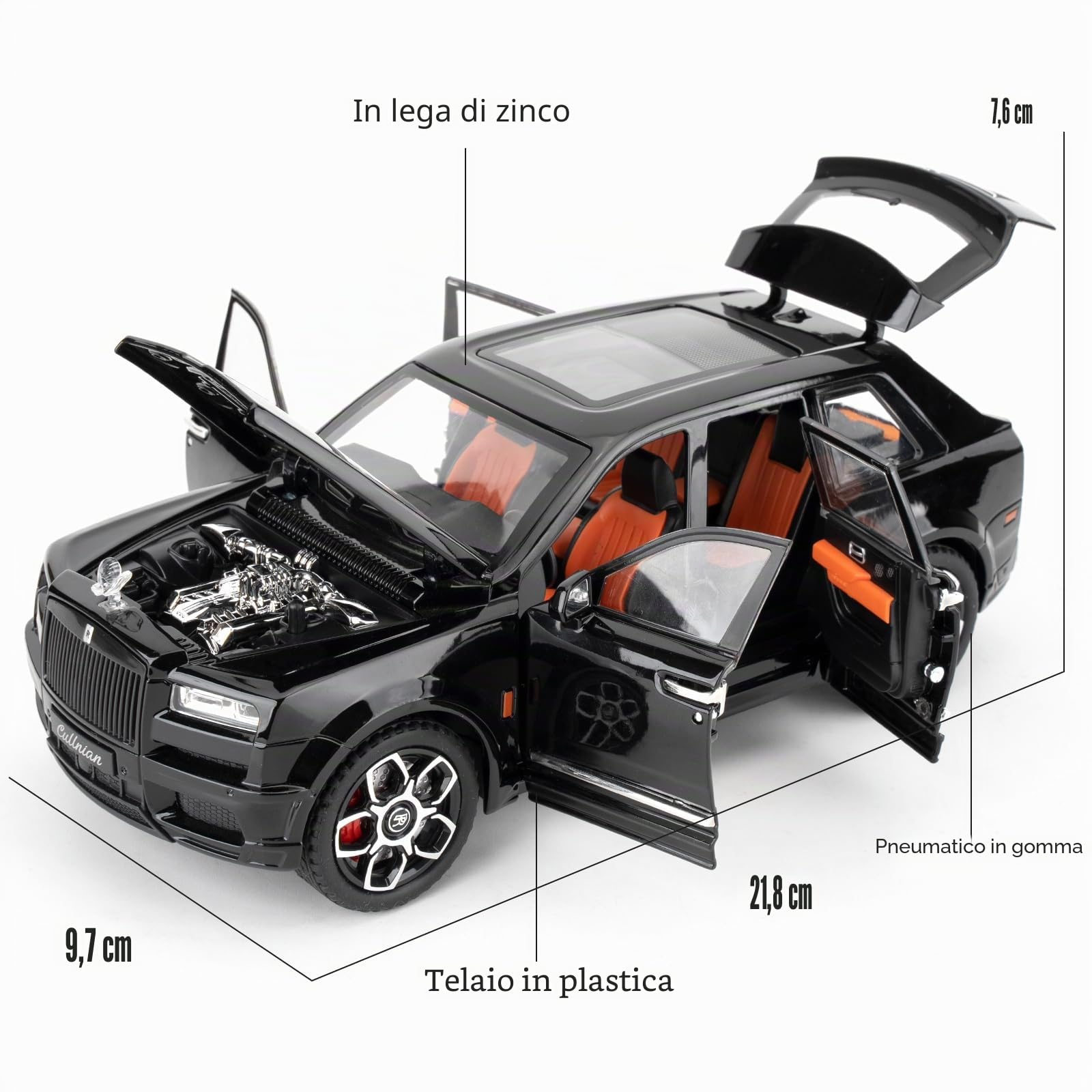 imtfzct 1/24 Rolls Royce Cullinan Alloy modellino auto giocattolo da collezione, regalo per bambini, auto giocattolo con funzione audio e luce e funzione pull-back (nero