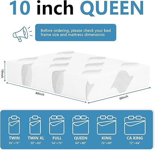 Miniatura 2 de Colchón Queen de 10 pulgadas, de espuma viscoelástica de gel refrescante, con funda extraíble y lavable, colchón Queen en una caja, firmeza media,
