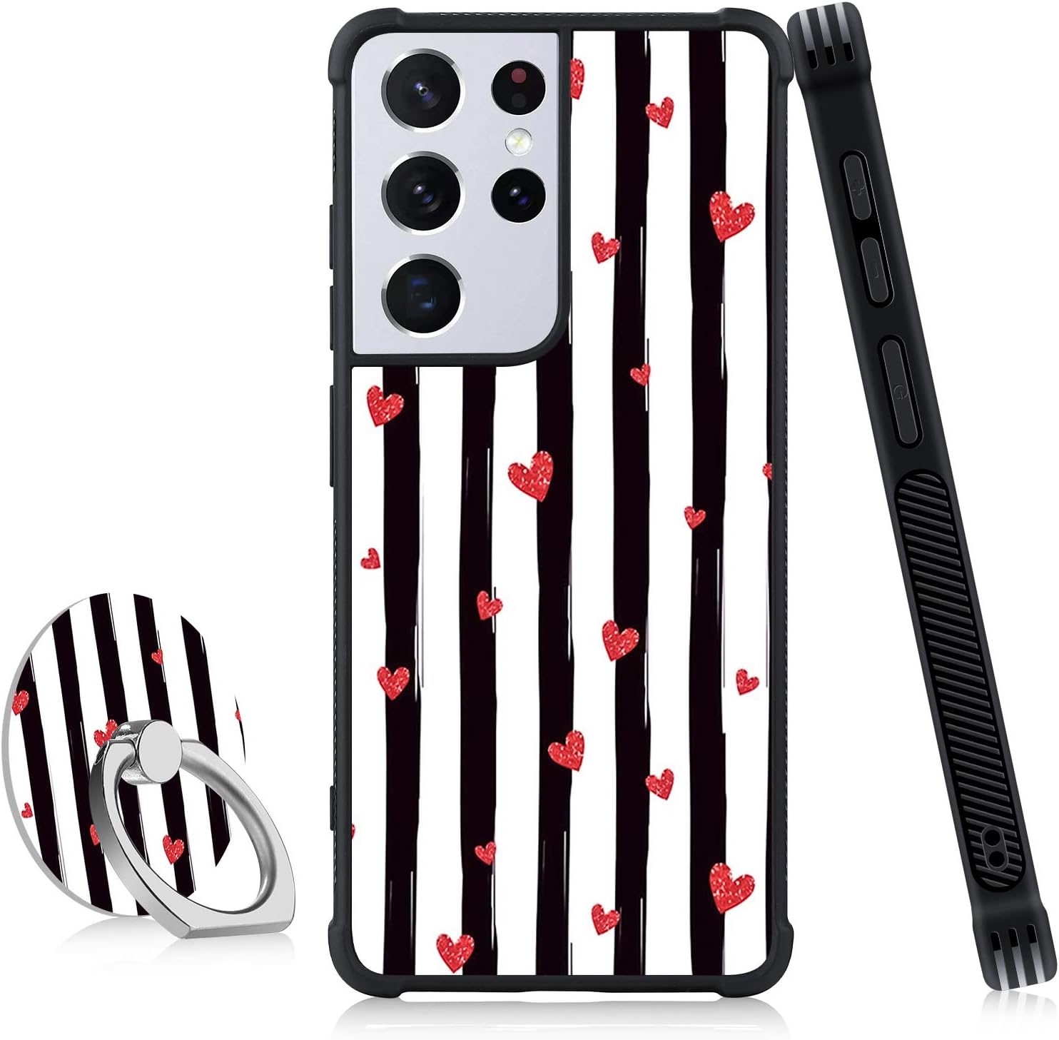 OOK Designed for Samsung Galaxy S21 Ultra 5G Case Red Hearts Stripes Design with Ring Holder Kickstand Protective Phone Bumper 360 Degree Rotation Stand for Women Girls for S21 Ultra 5G 6.8 Inch