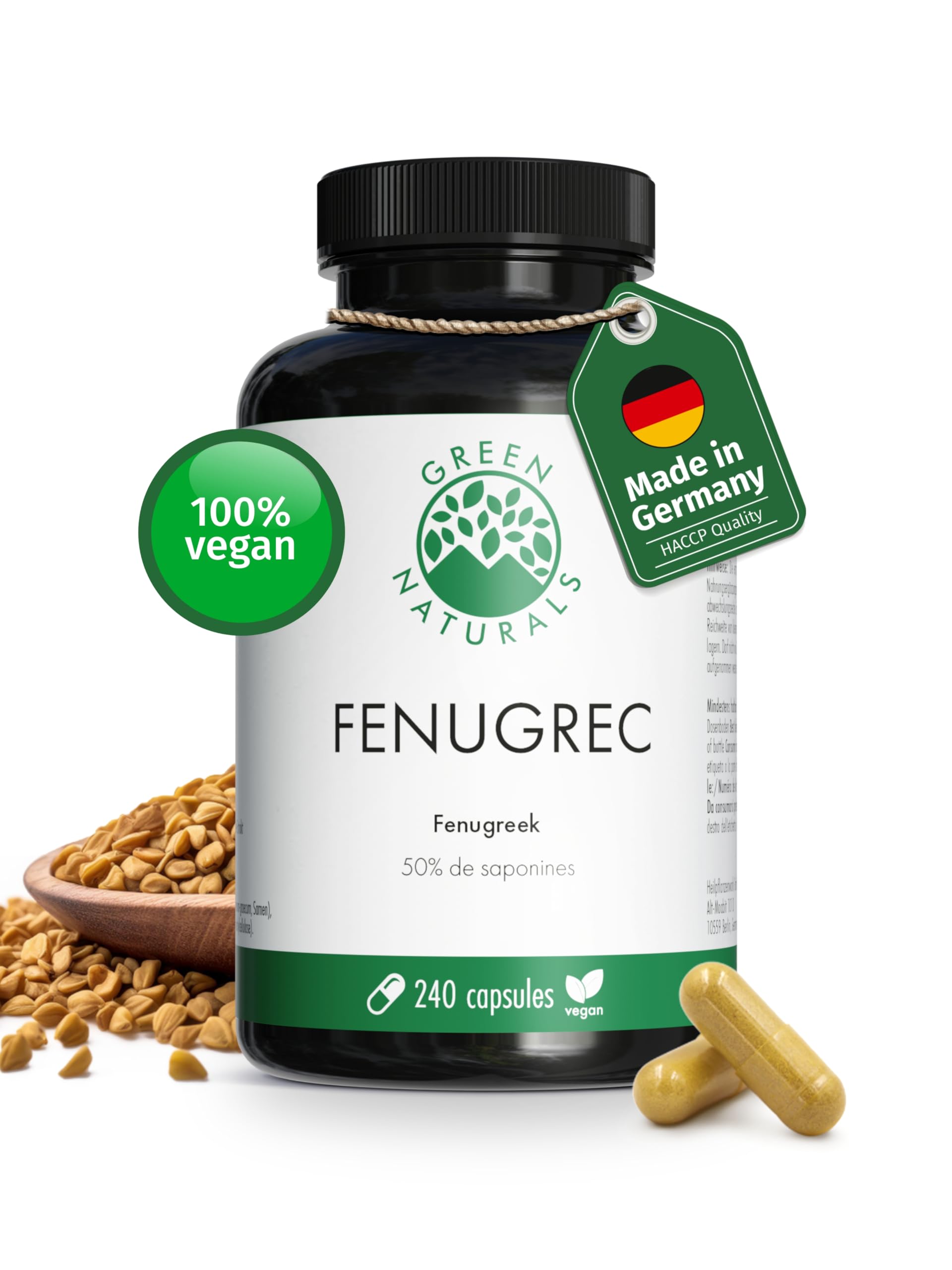 Fenugrec Gelule - Haute dose: 2600mg avec 50% de saponines - Végétalien, Testé en laboratoire, Sans lactose, Sans gluten - 240 capsules - Green Naturals®
