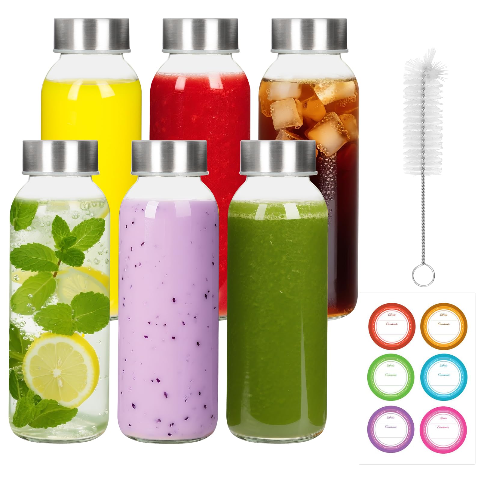 EkkoVla 300ml Glass Water Bottles with Stainless Steel Lids – 6 Pack Reusable Juice Bottles with Airtight Caps for Hot & Cold Drinks, Home, Office, Gym