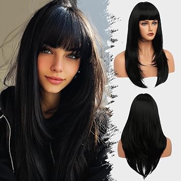 Black Wig With Bangs Long Wavy Straight Wig with Layered Hair Synthetic Heat Resistant Wigs for Women Daily Party Use 26 Inches