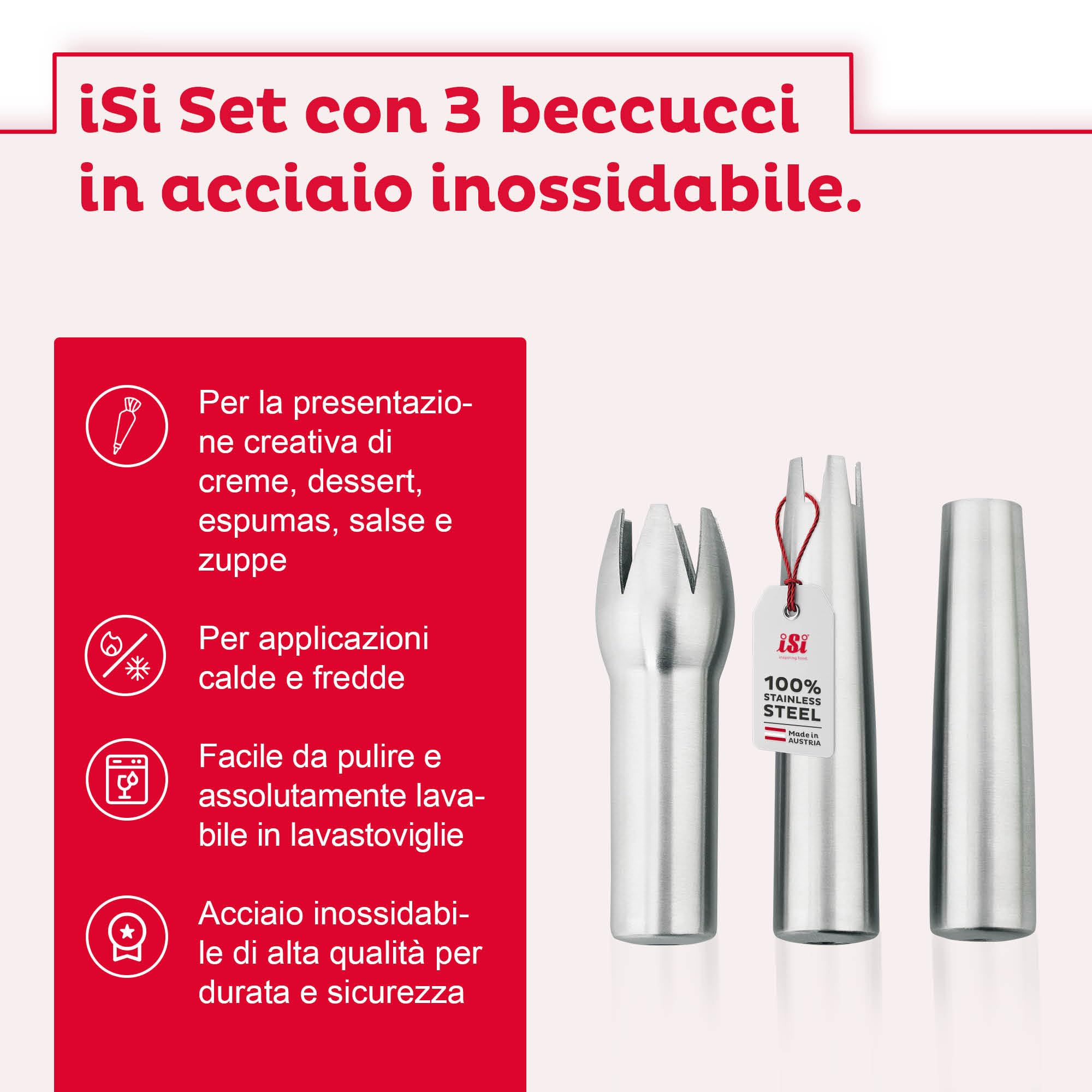iSi Set di Accessori per sifone da Panna con 3 beccucci in Acciaio Inox + Imbuto da 750ml + setaccio + 50 Capsule per Panna - Compatibile con Gourmet Whip, Thermo Whip & Cream Profi Whip