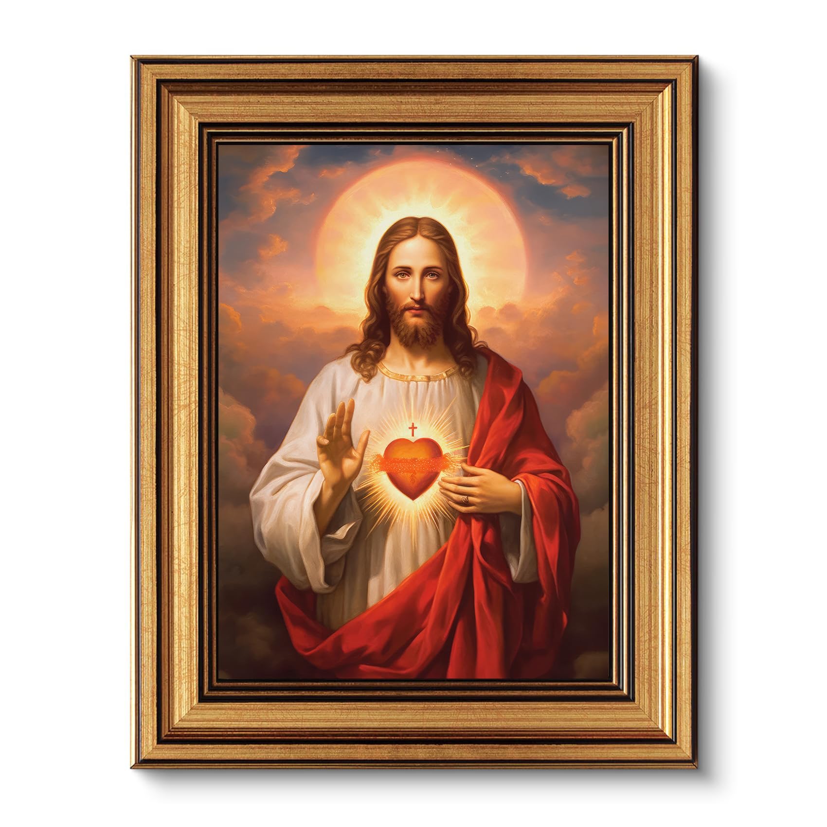Vintage Gold Framed Jesus Wall Art Sacred Heart of Jesus Picture Wall Decor Divine Mercy Picture Canvas Prints Christ Portrait Christian Religious Artwork for Living Room Bedroom(16x24inch)