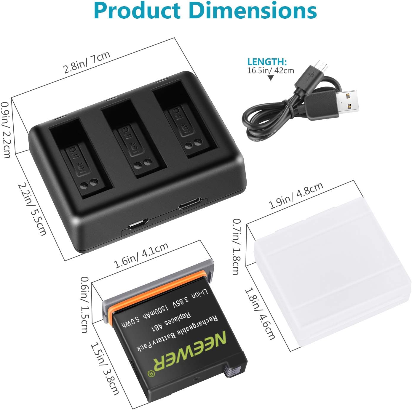 Neewer Battery Charger Set Compatible with DJI OSMO Action Camera (3-Pack 1300mAh AB1 Replacement Battery, 3-Channel Charger with Micro USB and Type-C Input), Fully Compatible with Original