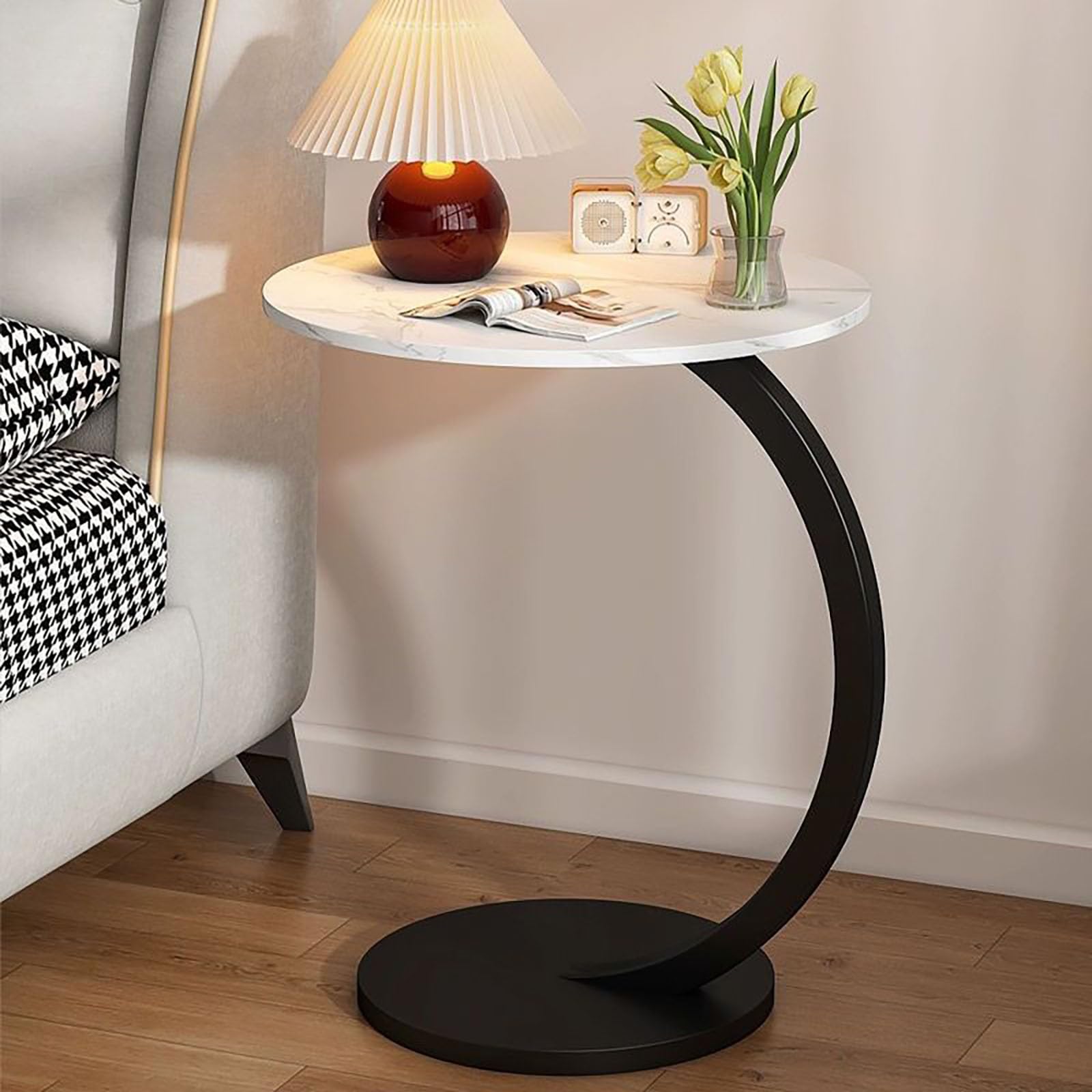 Mesa Auxiliar En Forma C, De Centro Redonda, Mesa Lateral para Sofá O Cama, Mesas De Centro Pequeñas, Mesita Auxiliar para Salón Y Dormitorio(Black)