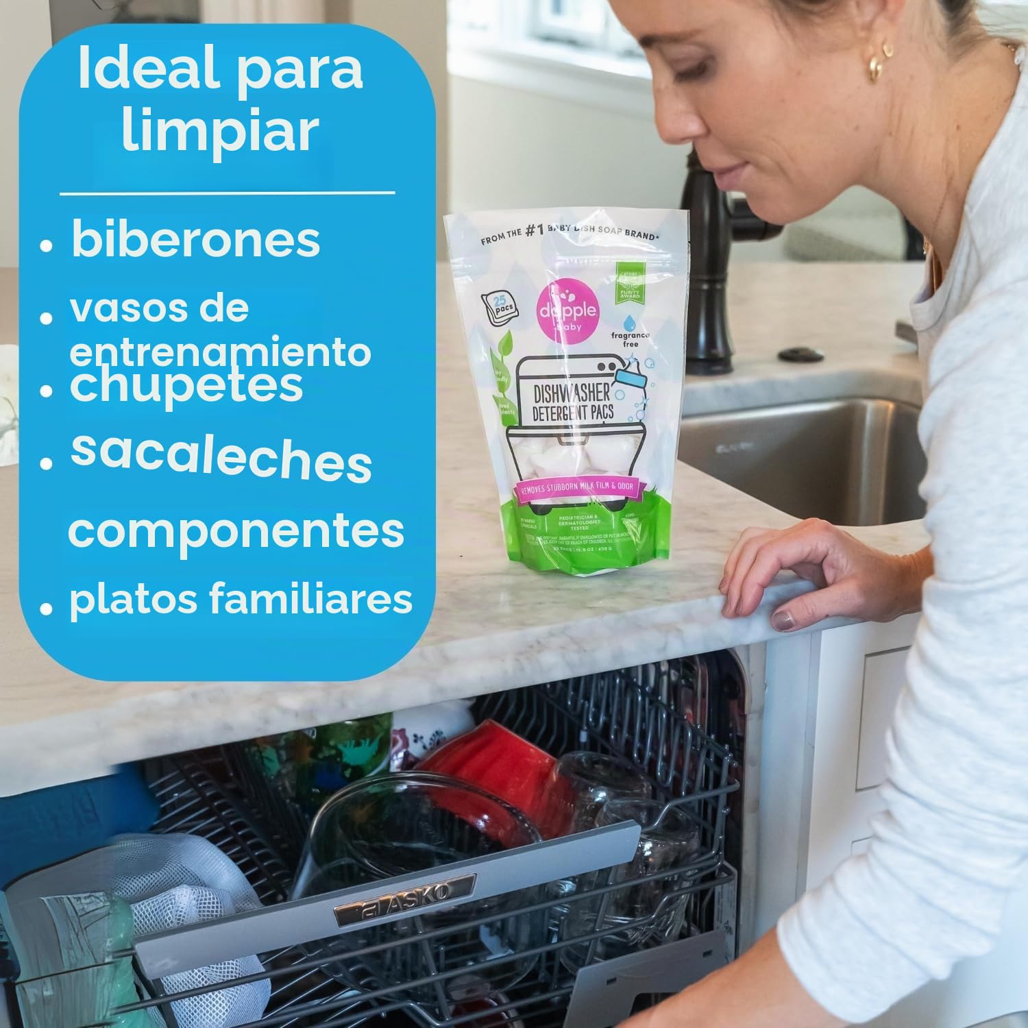 DAPPLE Paquete de lavavajillas para biberones y platos, sin fragancia, cápsulas automáticas para lavaplatos, cápsulas de limpieza para lavavajillas, fórmula a base de plantas, 25 unidades