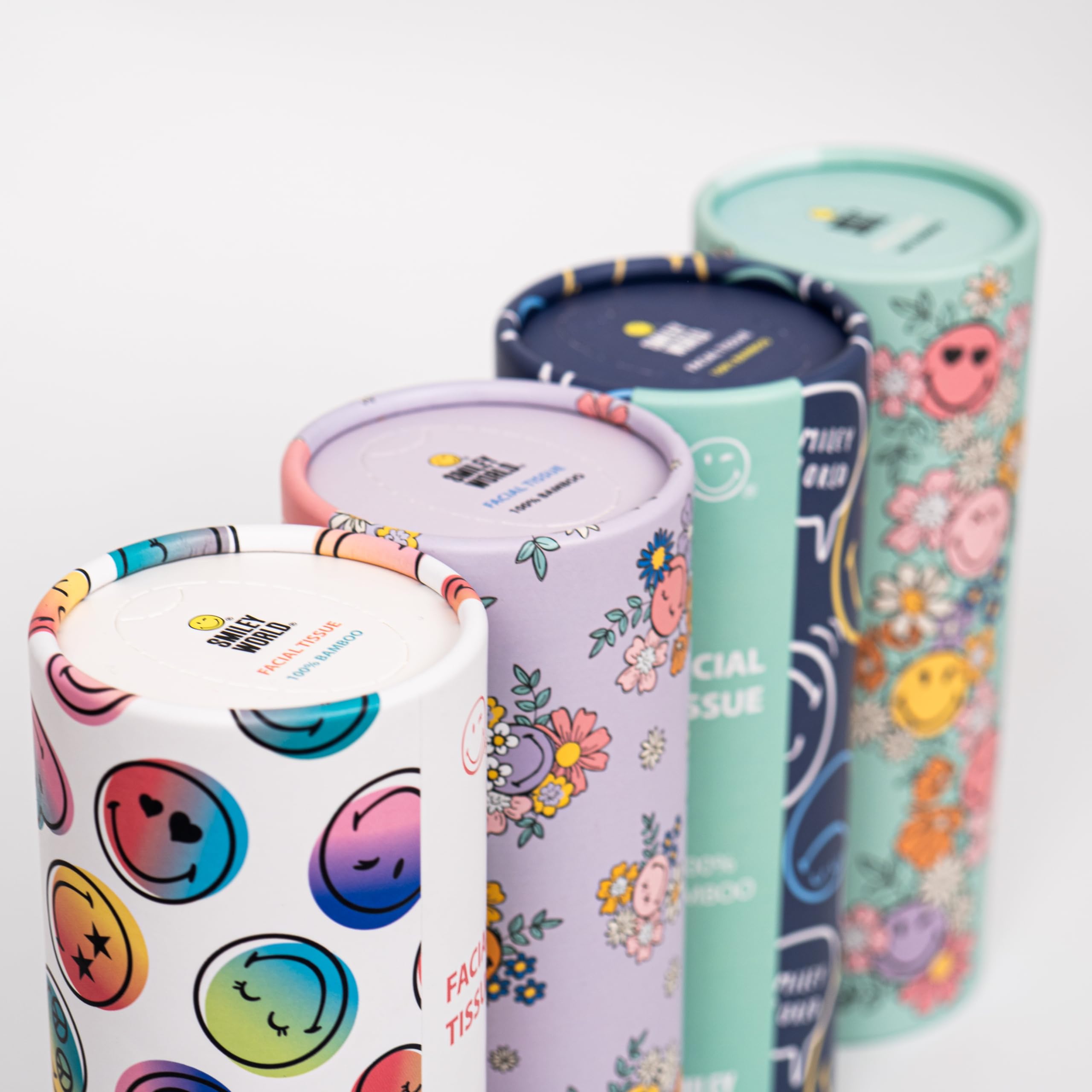 SmileyWorld - Chusteczki cylindryczne - 100% bambus - 3 warstwy - Design Smiley World - Kompaktowy rozmiar do samochodu, domu, plecaka, fotelika dziecięcego, szkolnego – 12 cylindrów