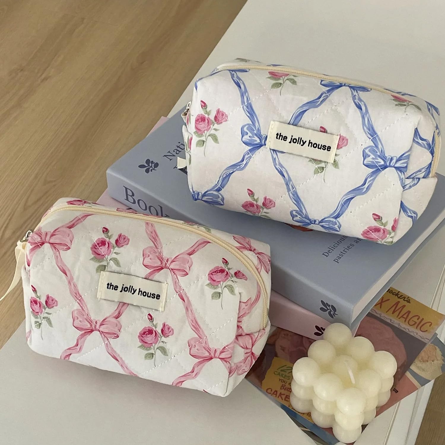 Borsa per Il Trucco con Grazioso Fiocco e trapuntatura Floreale, Borsa per Il Trucco da Donna in Cotone con Cerniera, Organizer cosmetico da Donna in Tessuto, Borsetta Portatile da