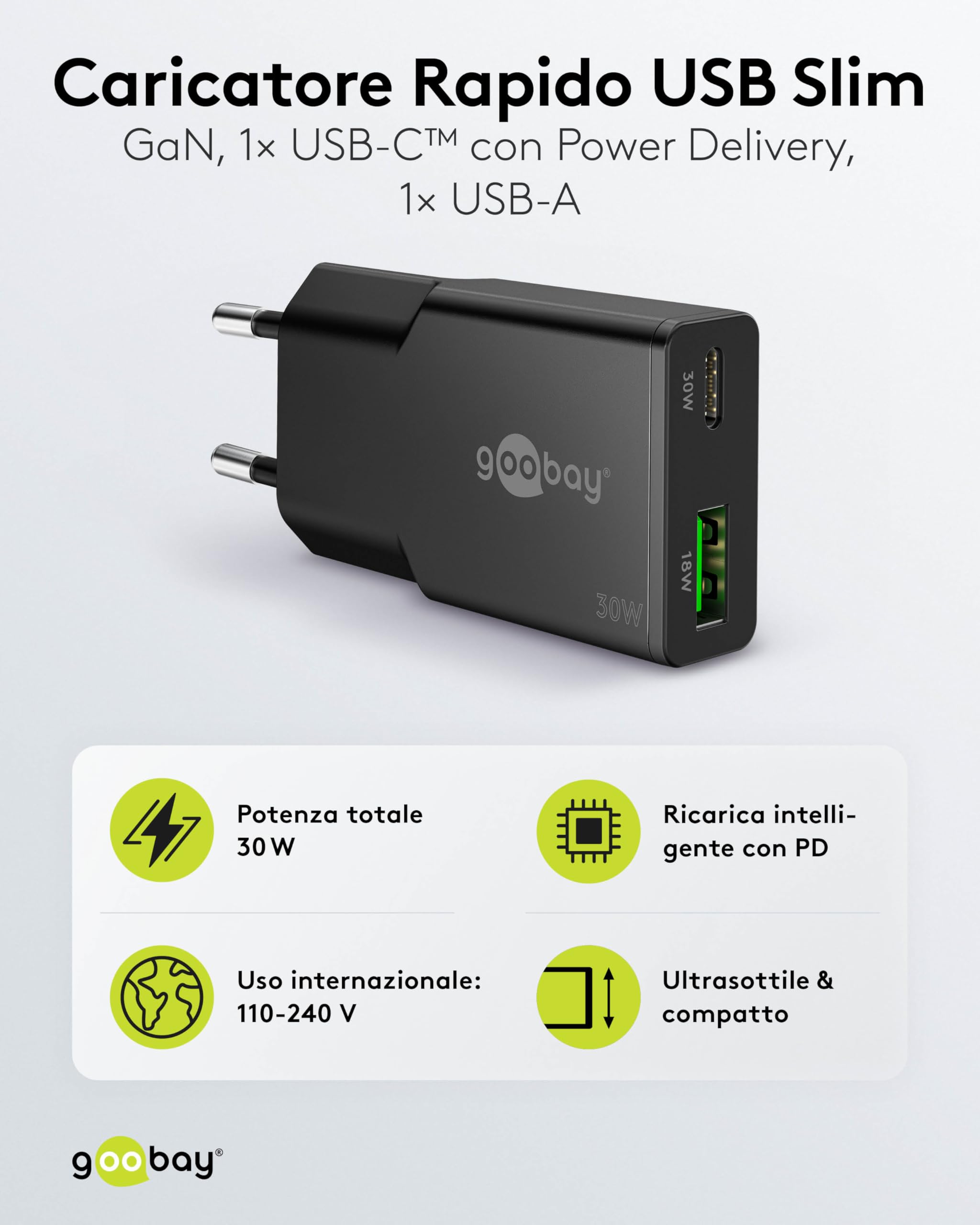 goobay Caricatore USB C GaN da 30W, adattatore di alimentazione super sottile con Power Delivery, per MacBook Air, iPhone, Samsung Galaxy, iPad Pro, Pixel - nero - 75737