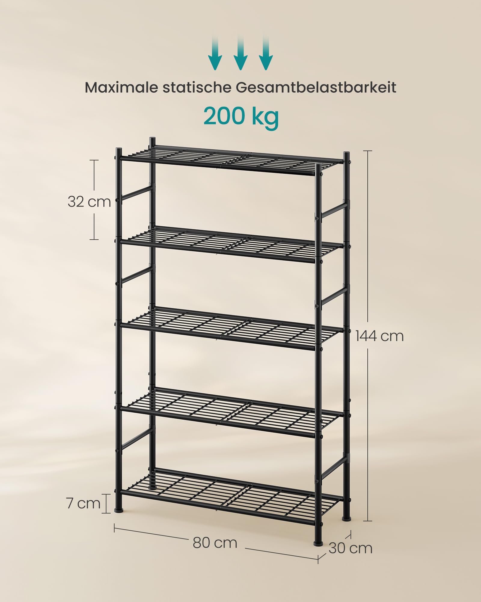 SONGMICS Kellerregal aus Stahl mit 5 Ebenen, bis 200 kg, 80 x 30 x 144 cm