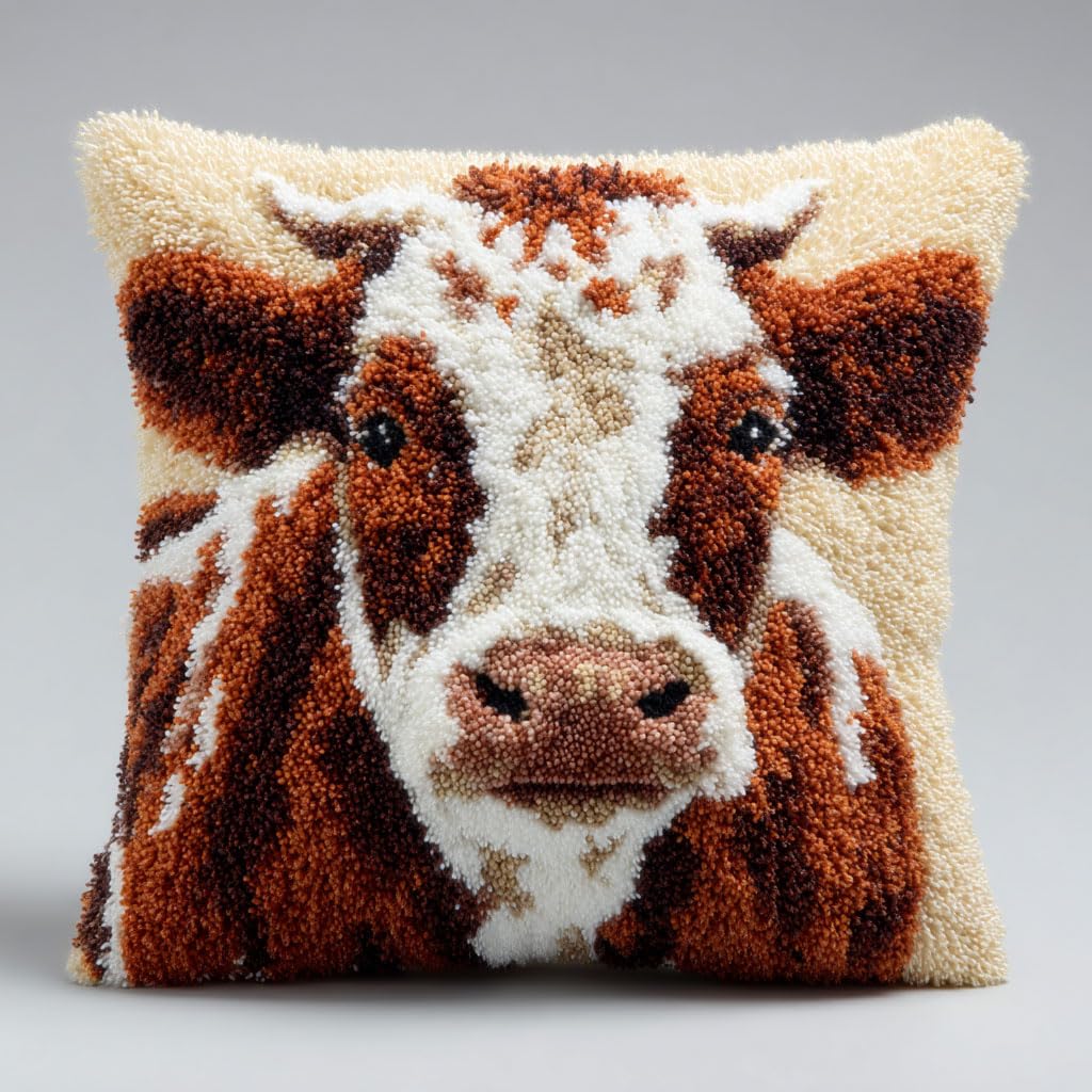 Henypt DIY Latch Hook Cushion Kits Animal Cow Latch Hook Embroidery Set Crochet Needlework Crafts 43x43cm