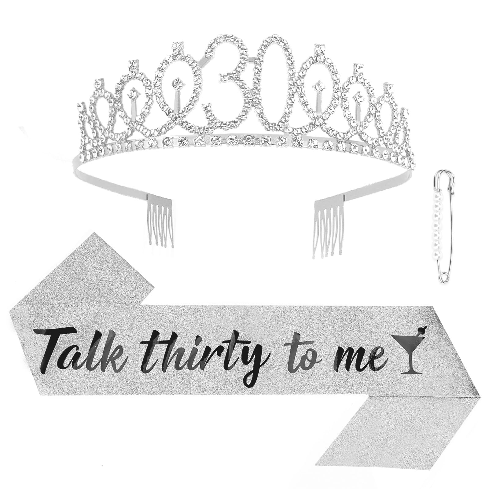 Oblihumoy Sash and Rhinestone Tiara Set, Silver Glitter Birthday Sash for 30th Women, Talk Thirty to Me 30th Birthday Gifts Birthday Party Favors