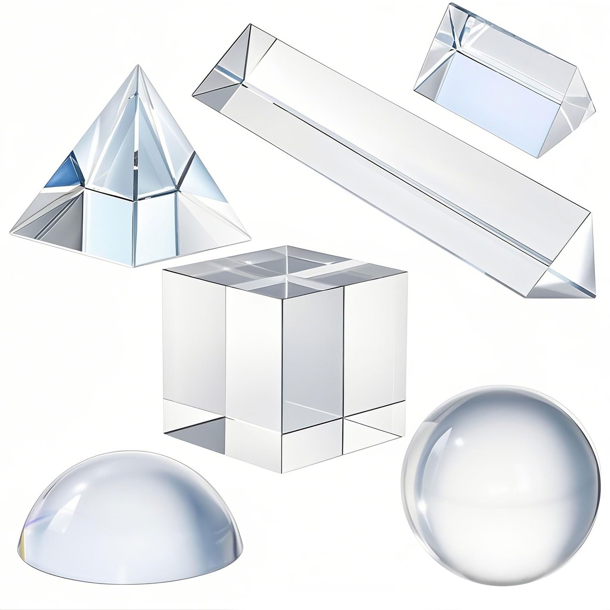 Lot de 6 prismes de photographie en cristal optique K9, comprenant une boule de cristal de 50 mm, un cube, une pyramide optique, un prisme triangulaire de 50 mm et 150 mm, une loupe dôme de 60 mm avec