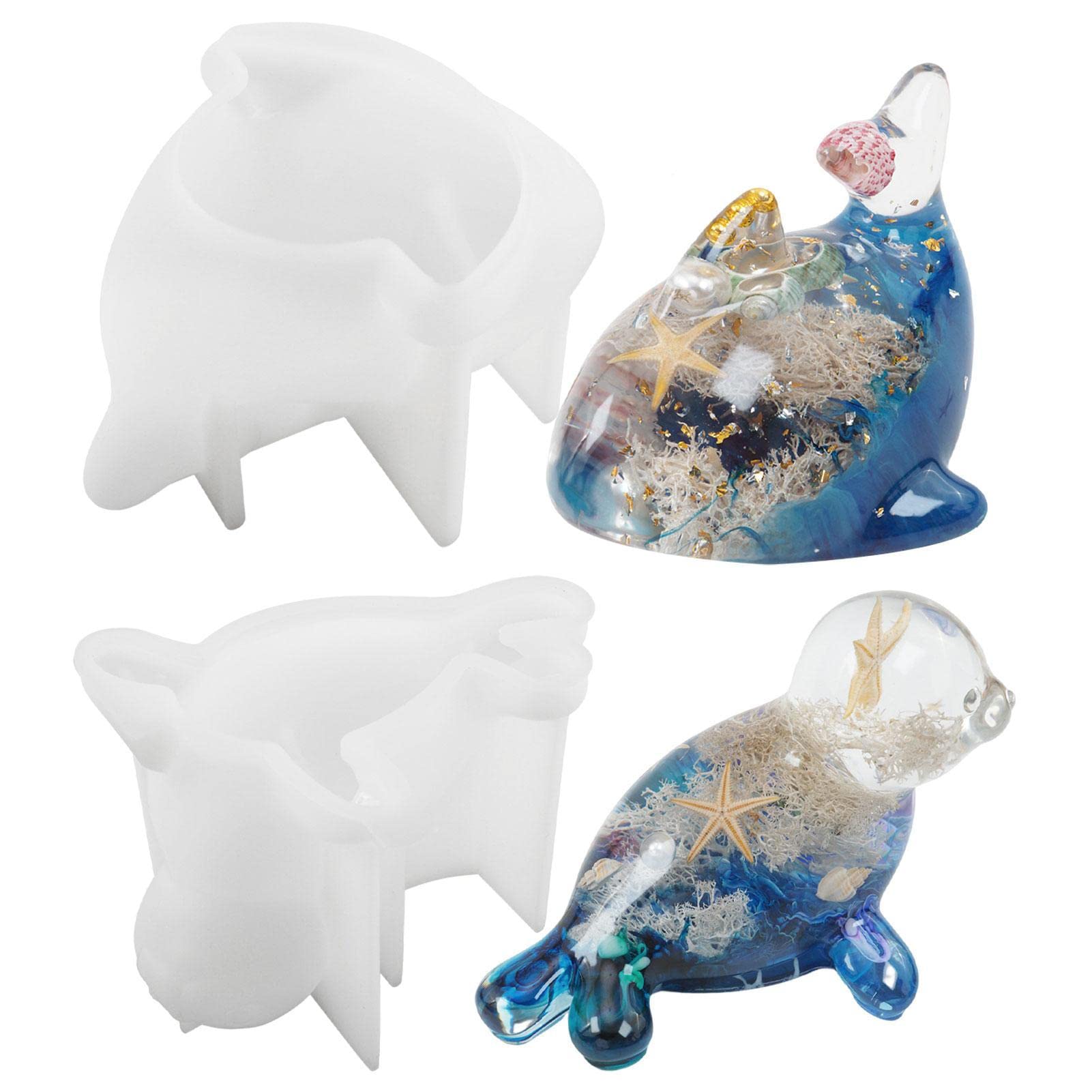 Yunmiao 2Pcs Dolphin And Seal Silicone Mold, Dolphin And Seal Silicone Resin Molds, Crystal Epoxy Resin Animal Mold Marine Animal Silicone Mold Crafts Fondant Chocolate Candy Cake Mold