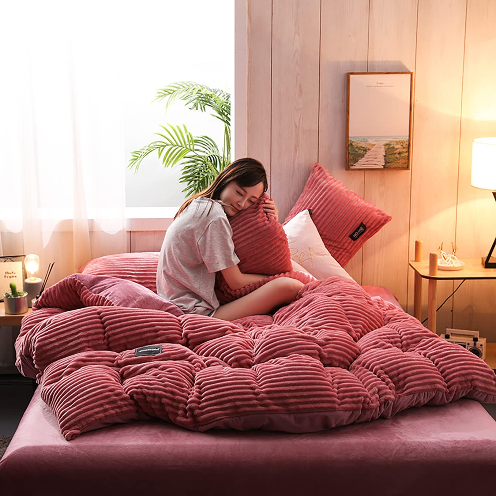 ALEjon Juego de Funda nórdica de Terciopelo Rosa, Lujosa Ropa de Cama tamaño Queen con 2 vergüenzas de Almohada - Suave y Elegante - Funda de edredón de 4 Piezas - 220x240cm
