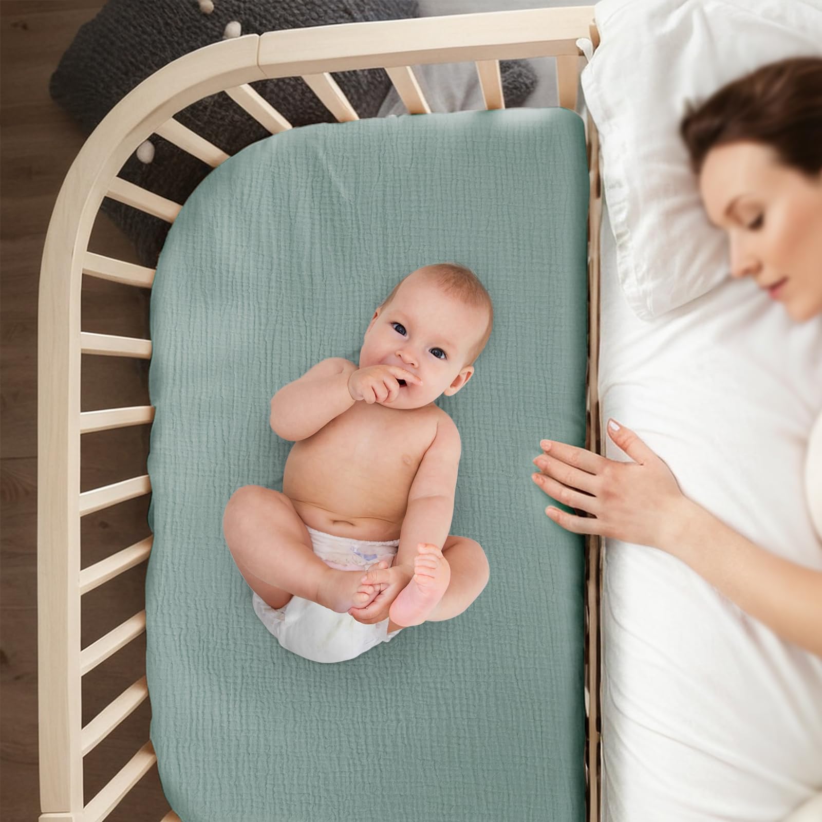 lulumoon Lot de 2 draps Housses en Mousseline de Coton, Drap Housse 90 x 40 cm de Matelas pour lit de bébé, lit de Berceau et lit de couffin(Gris Vert)
