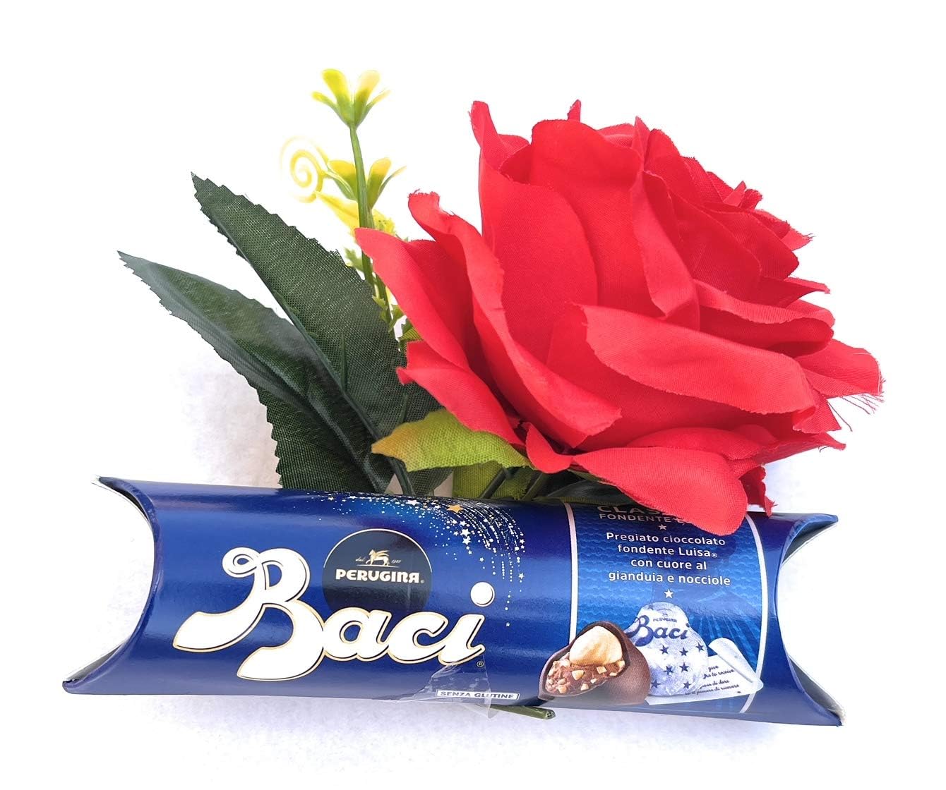Regalo Festa Della Mamma 2025 NARAMAKI: Bouquet Con 8 Rose Rosse Artificiali In Legno, 2 Rametti Mimosa E Tubo Baci Perugina 37,5gr, Confezione Elegante