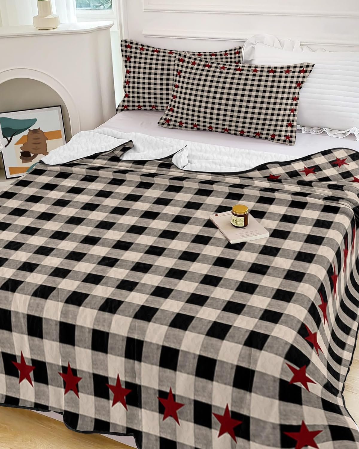 King Size Quilt Set, Retro Red Stars Lightweight Bedspread Coverlet Set Soft Microfiber Summer Quilt with 2 Pillow Shams, Country Black Buffalo Checkered 3 Piece Comforter Bedding Set