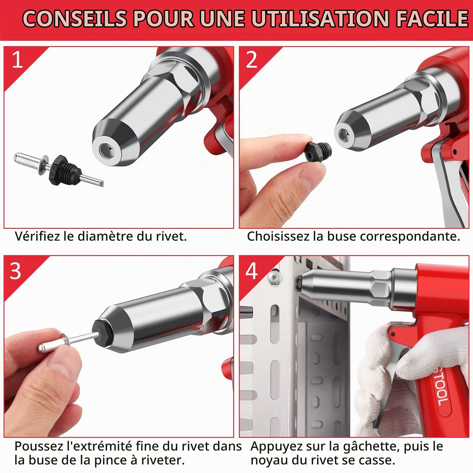 JUSTOOL Jeu de Pistolet à Rivets Pneumatiques 500Pcs Rivets Machine de Rivetage Pneumatique 4 Tailles 2.4mm-4.8mm Kit de Rivetage Air pour Réparation Automobile de l’industrie de Rénovation la Maison