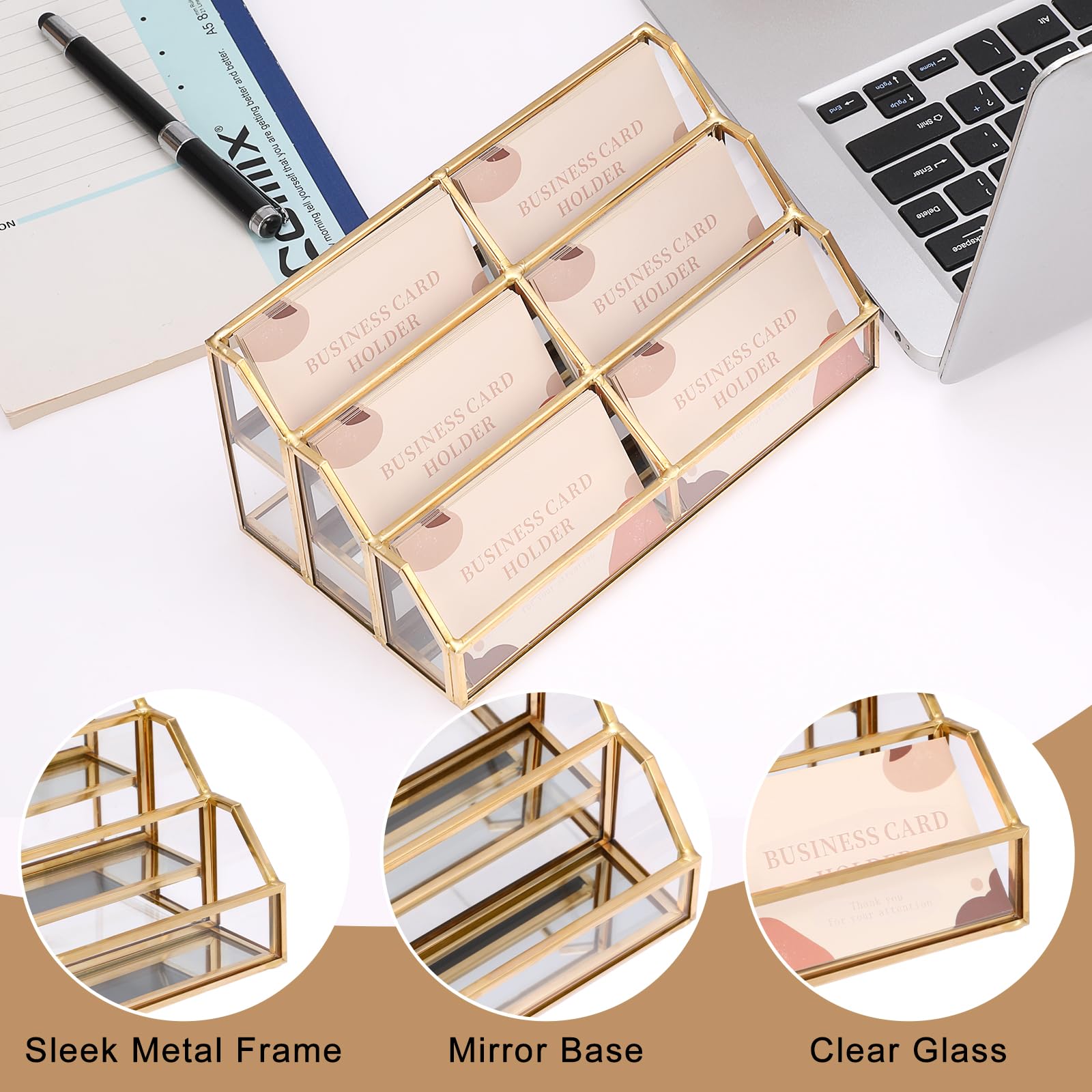 Hipiwe Soporte de cristal para tarjetas de visita de metal dorado, 6 ranuras