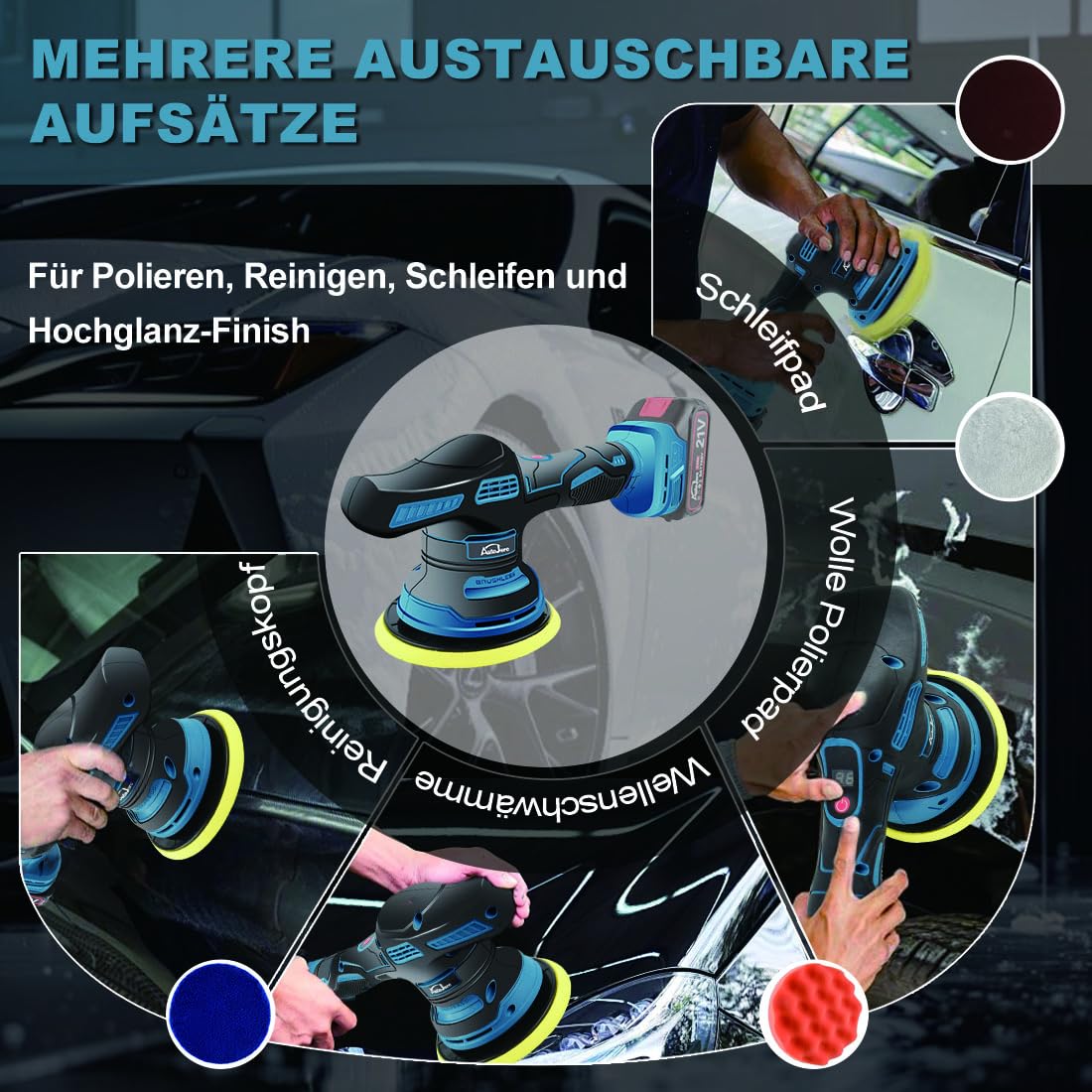 Akku Poliermaschine Auto 6 Zoll Exzenterpolierer mit 8 Geschwindigkeiten, 4pcs Auto Poliermaschinen Set, 2x 2000mAh Akku für Autodetailing, Wachsen, Polieren
