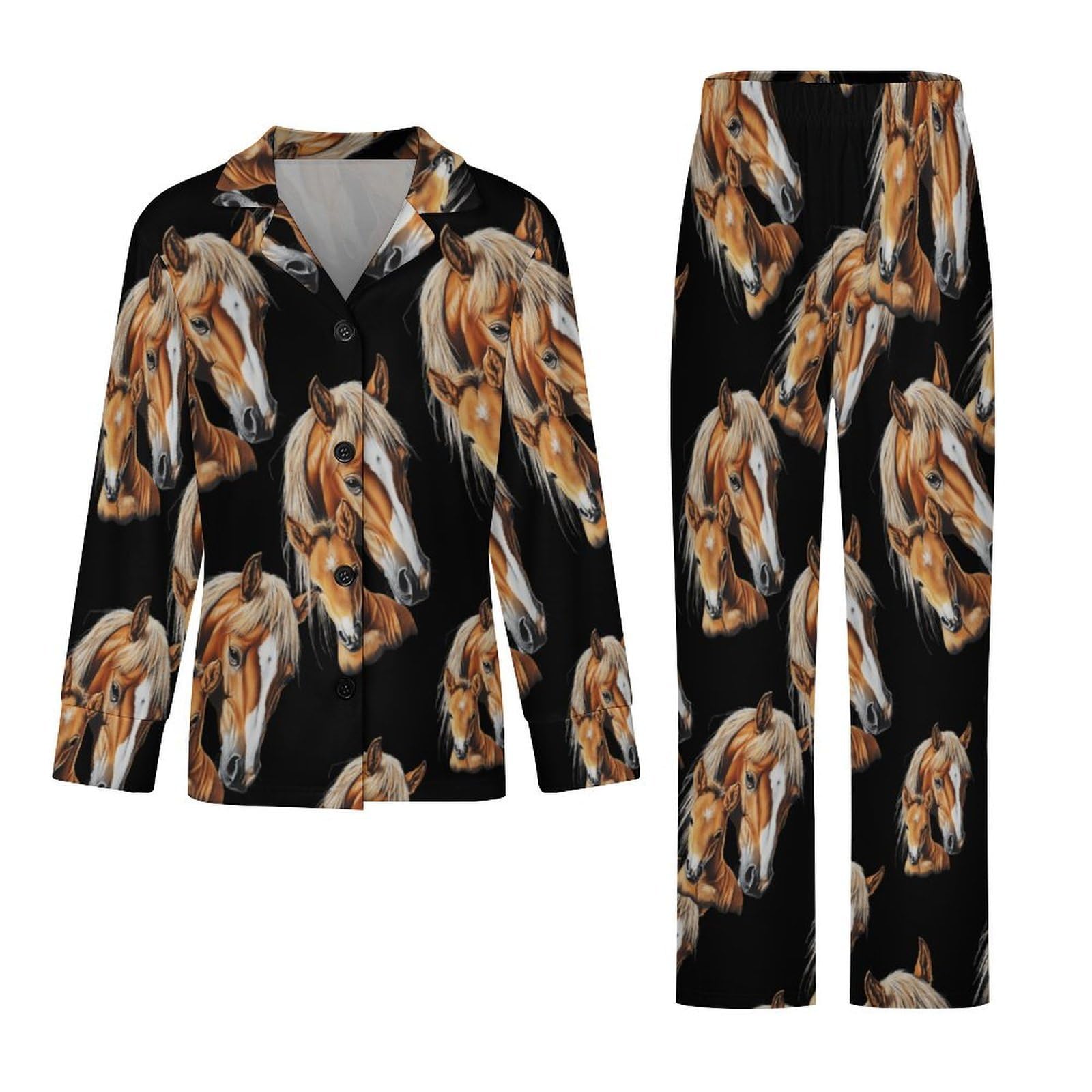 Horse Mama And Little - Conjunto de pijama elegante para mujer, manga larga, botones y pantalones, ropa de descanso