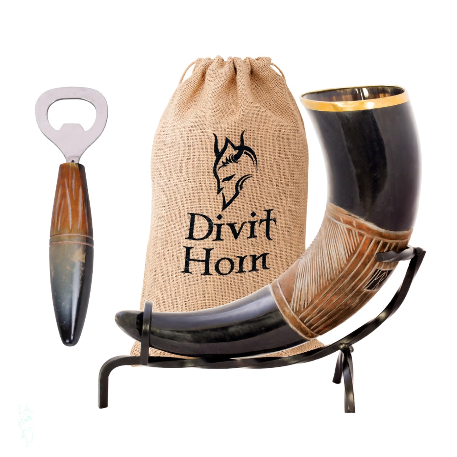 Corne à Boire Viking Authentique Divit 450-500 Ml – Avec Support Fer Forgé, Ornements Laiton & Sac Toile De Jute – Idéal Cadeau Médiéval !