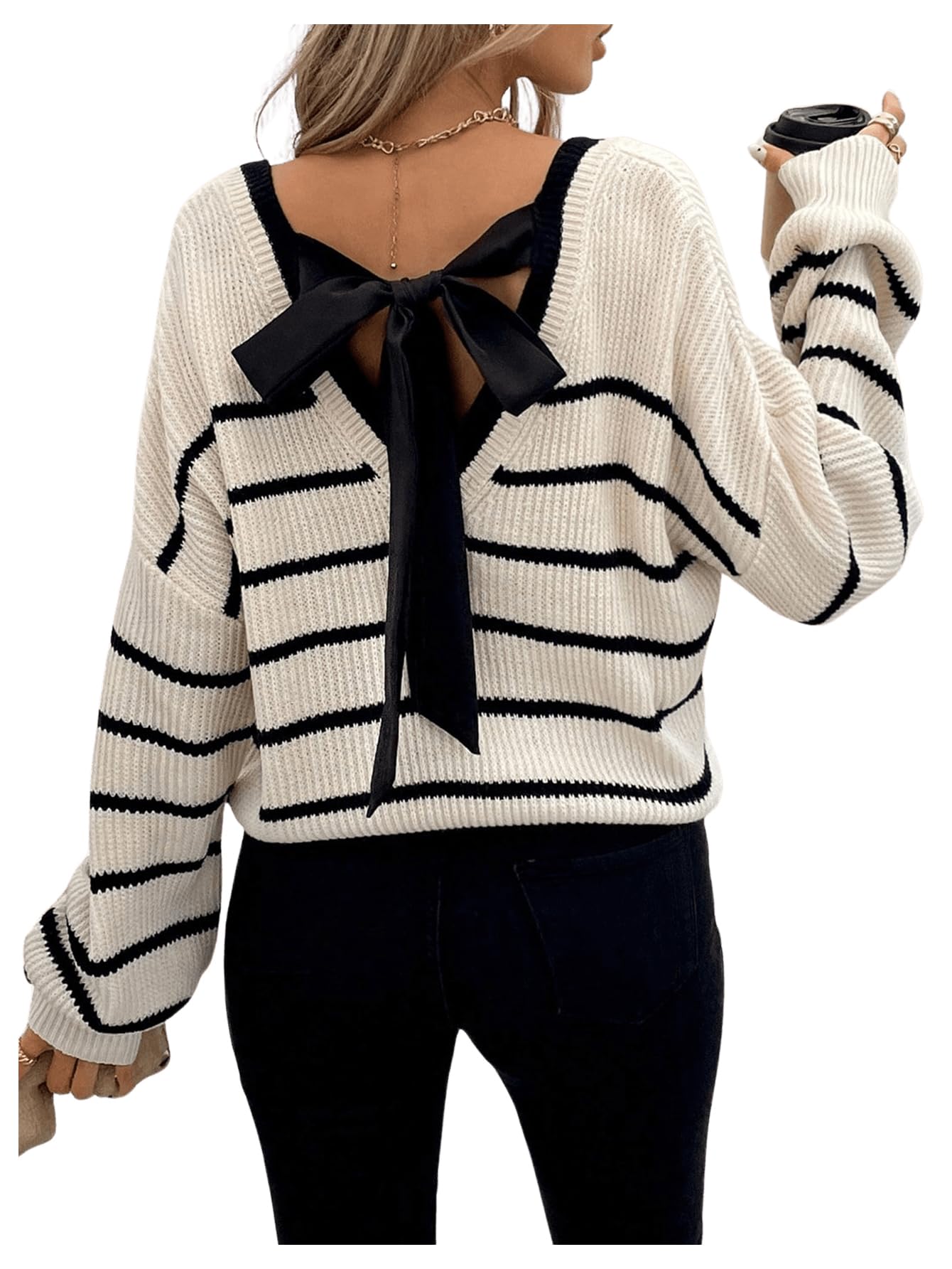 GORGLITTER Womens Bow Striped Sweater Cable Knit Long Sleeve Backless V Neck Chunky Pullover