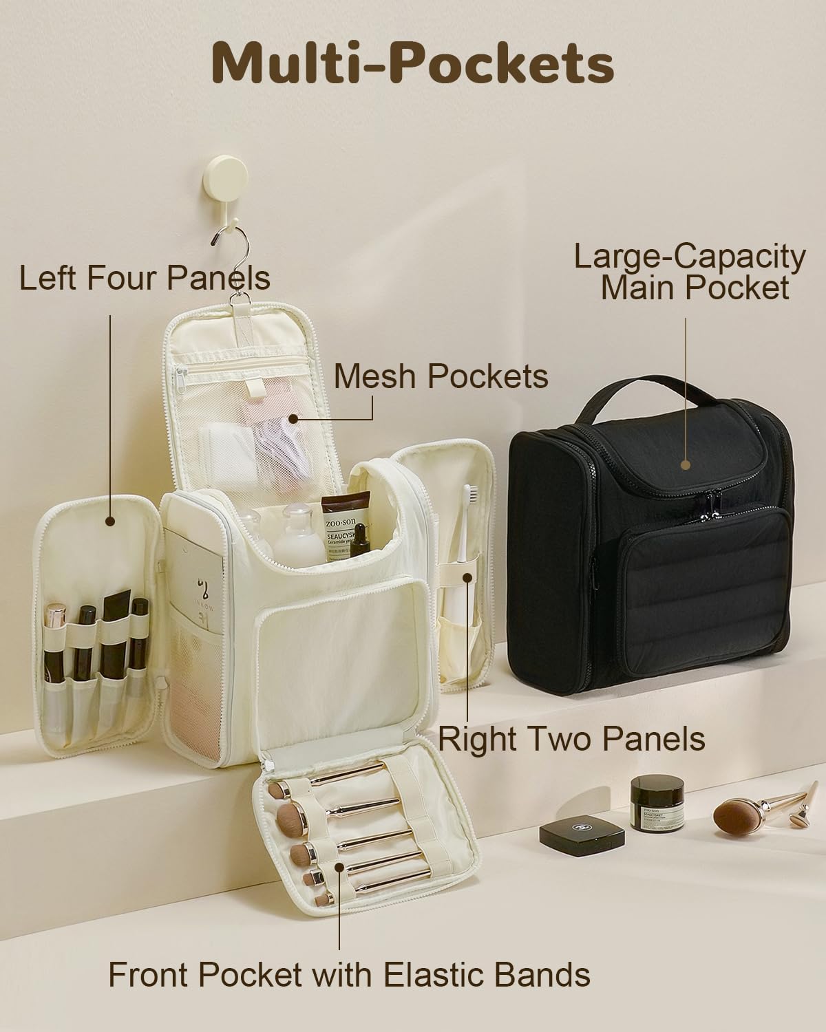 Waterproof Large Capacity Hanging Travel Toiletry Bag for Women, Portable Travel Organizer Kit for Full Sized Toiletries and Cosmestics, Spacious Makeup Bag with Swivel Hook, White - Image 3