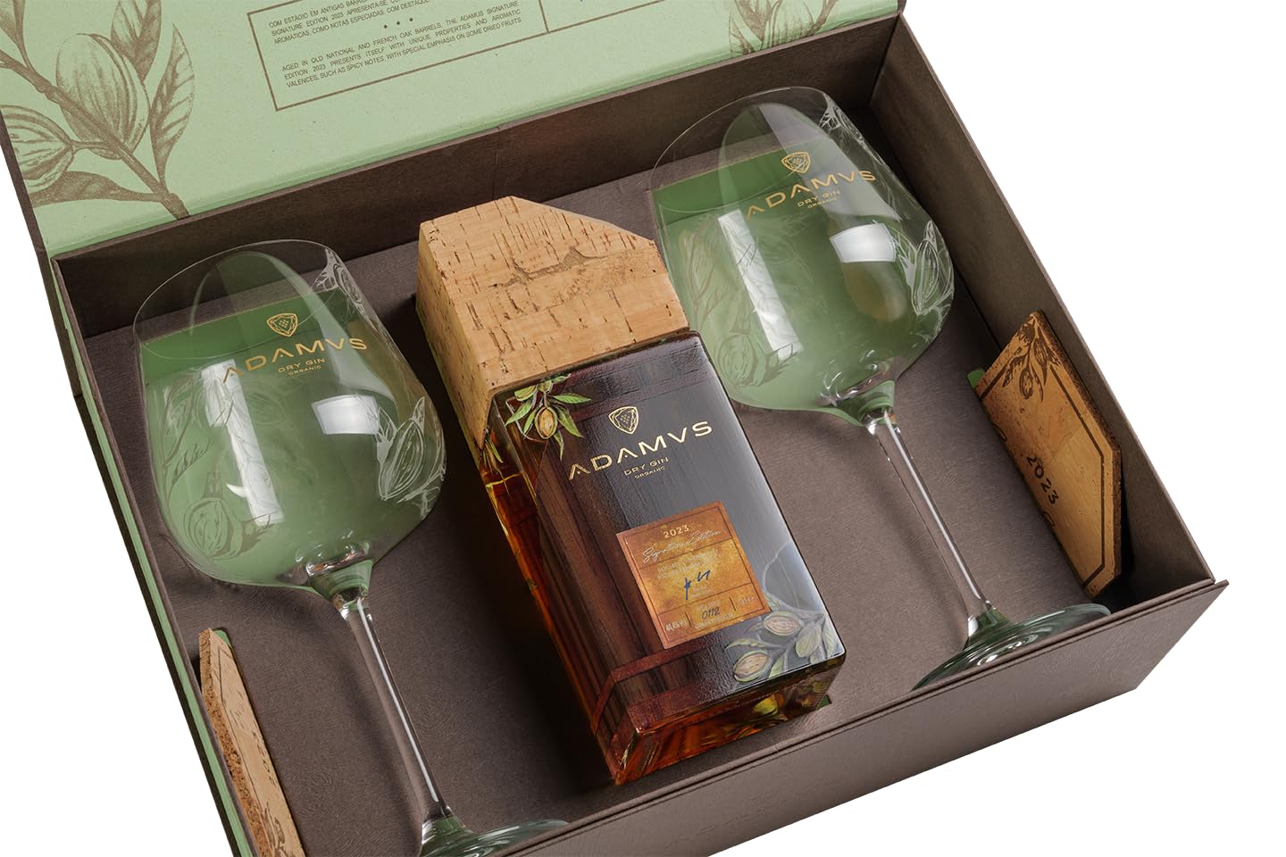 Caja de Regalo Adamus Ginebra Orgánica Signature Edition 2023-70cl | Incluye 2 Copas y 2 Bases de Corcho Natural