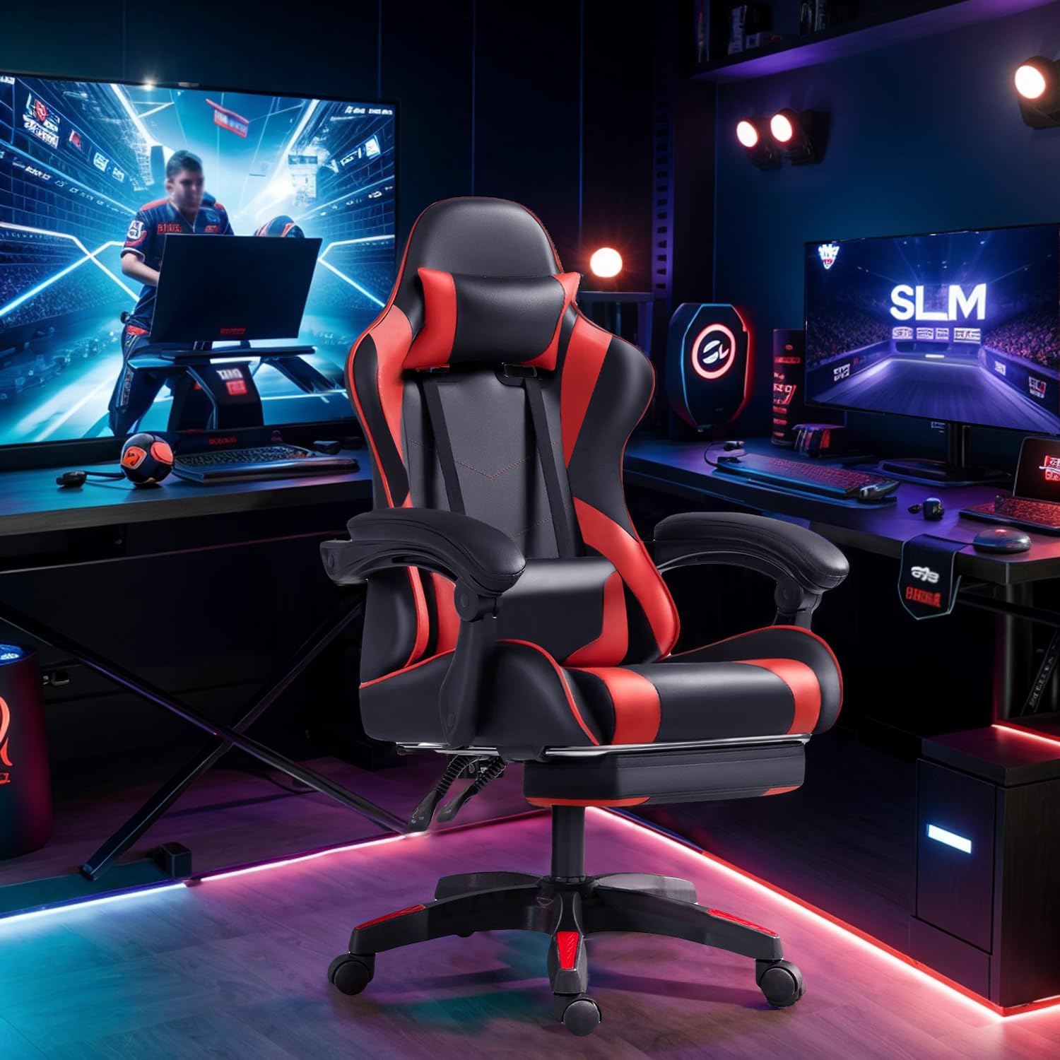 Frixovel Chaise Gaming, Siège de Bureau réglable, Fauteuil Gaming avec Repose-Pieds télescopique (Noir et Rouge)