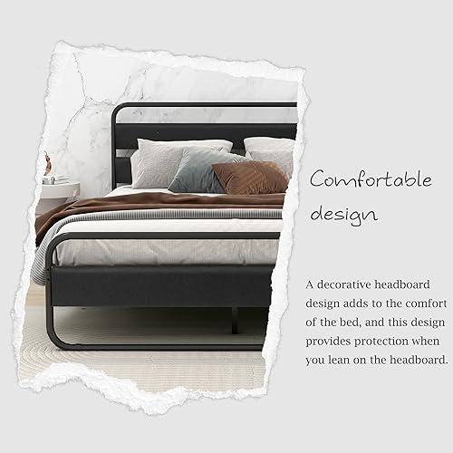Miniatura 4 de Marco de cama de metal tamaño individual con cabecero tapizado, sin ruido, fácil montaje, lino negro
