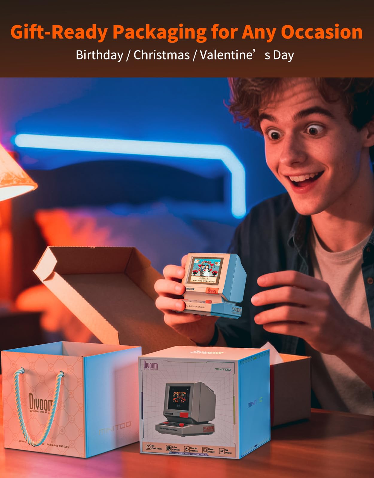 Divoom MiniToo Retro Bluetooth Speaker with Pixel Display, App-Controlled Clock & Alarm, White Noise, Compact Desk Speaker for Travel & Gifts view 7