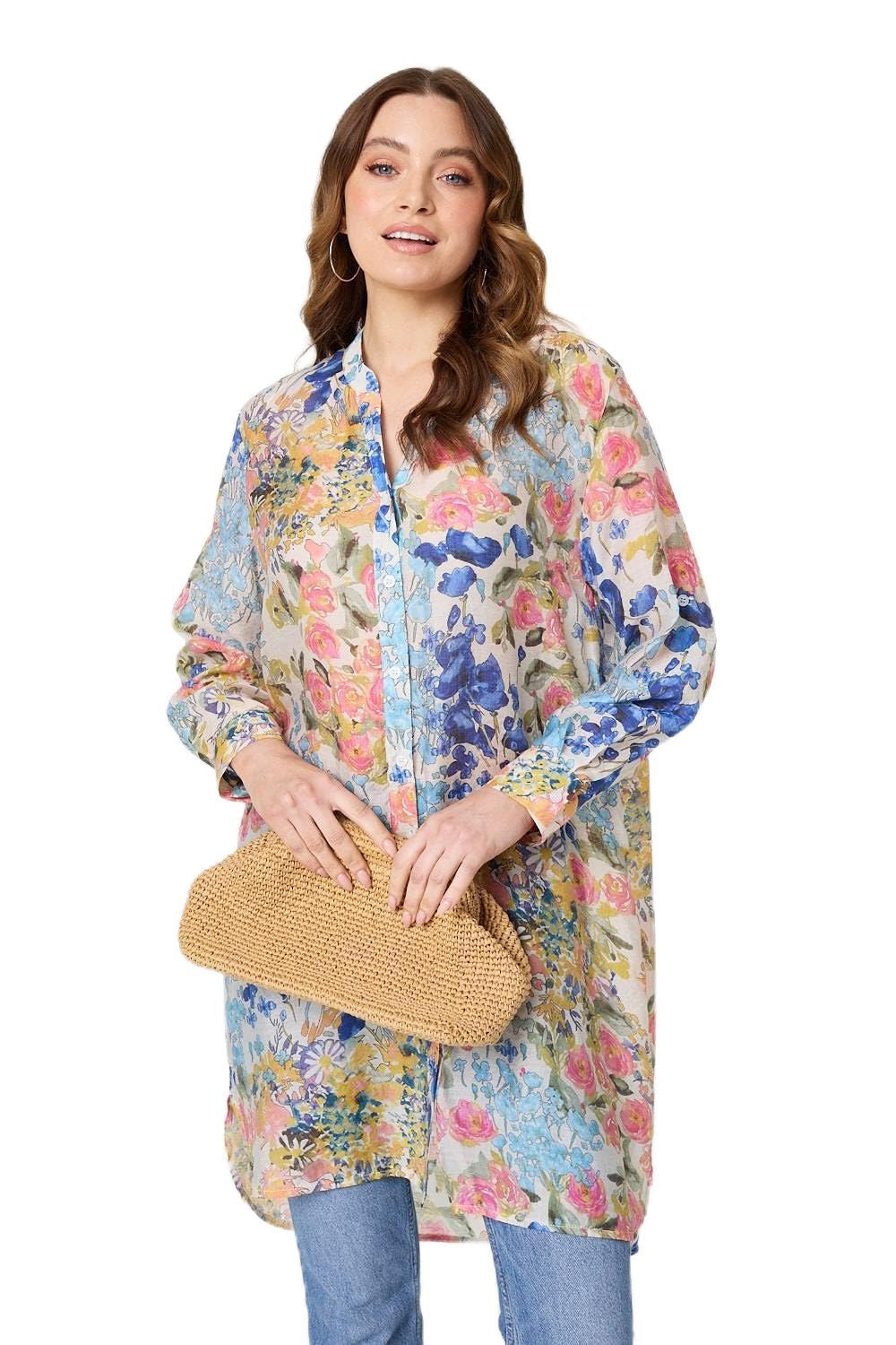 Izabel London Women's Blue Floral Print Longline Semi Sheer Shirt In | Size: 14