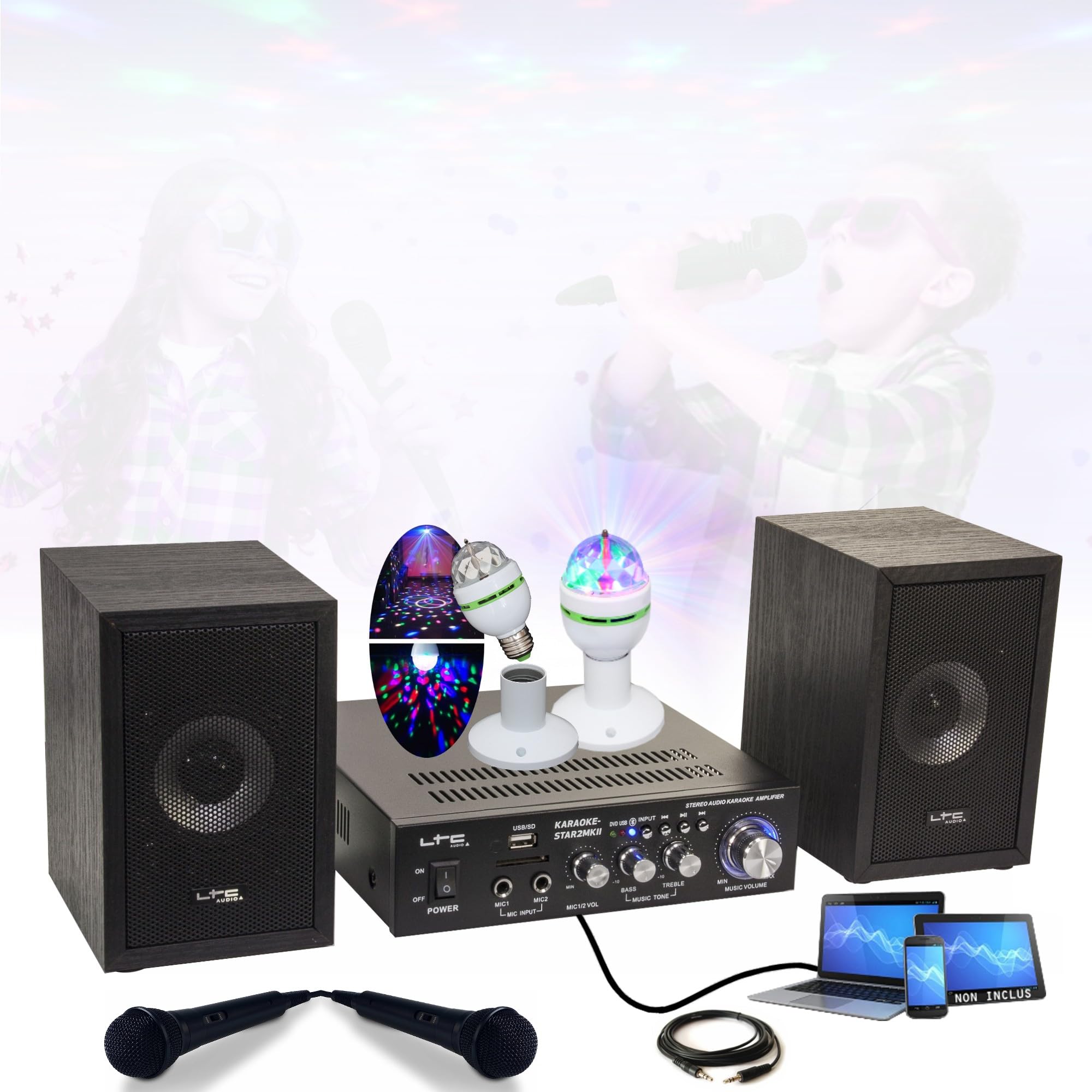 Générique Chanson Pack KARAOKE-STAR2MKII LTC Enfant - 2 Enceintes 2 Micros 1 Ampli Bluetooth USB SD 100W - Jeu Lumière Astro Rotatif LEDs RGB - Cadeau