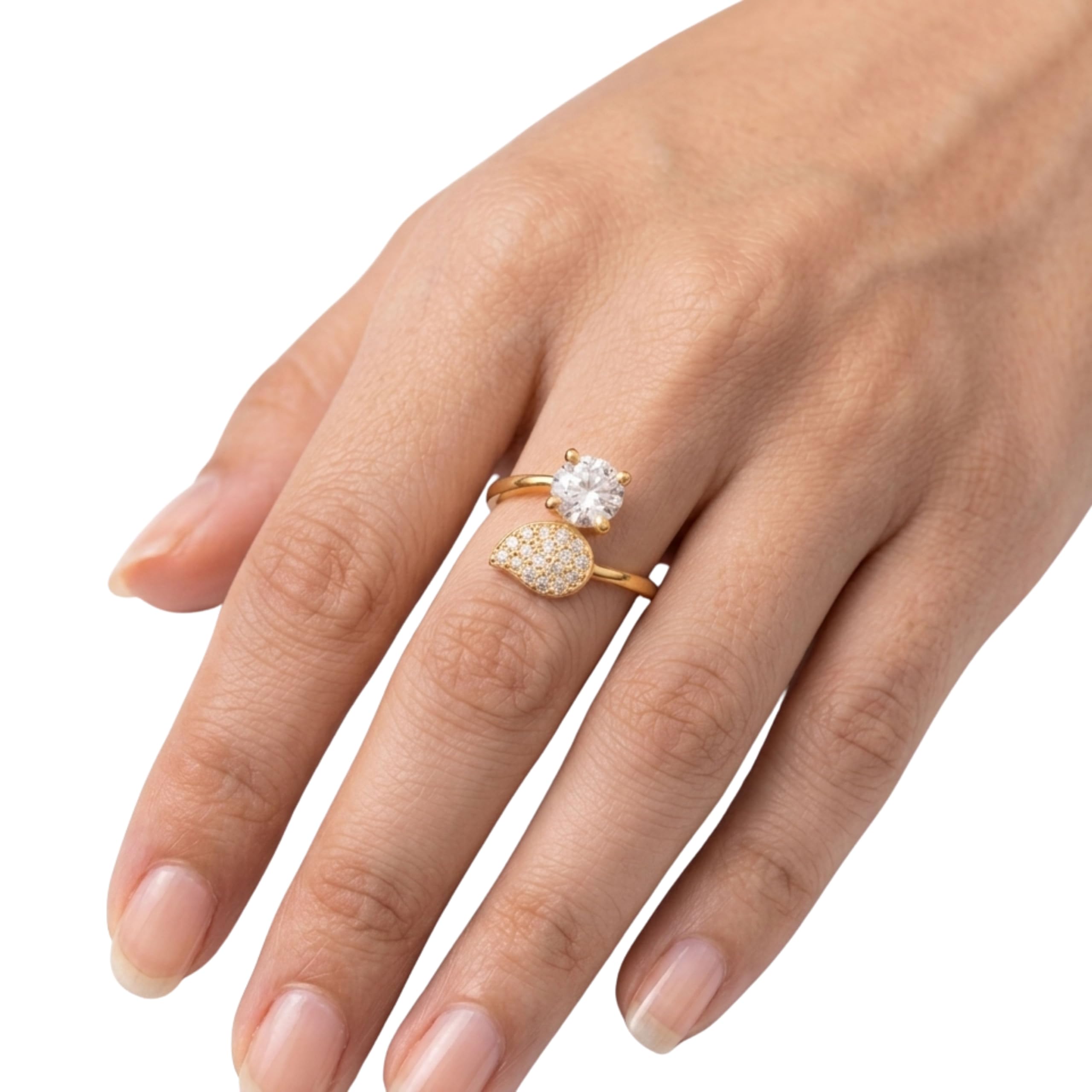 Gold-Plated Open Ring with Round Solitaire CZ and Teardrop Accent, Adjustable-image-48