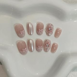 Pink French Tips Press on Nails Short Oval 10 Pcs with Tool Kit,3D Flower Fake Nails with Gel Effect,Handmade Pink Sweet Cute Nails with Bow & Dots Designs,Easy Press ons Whitening Nails(XS)