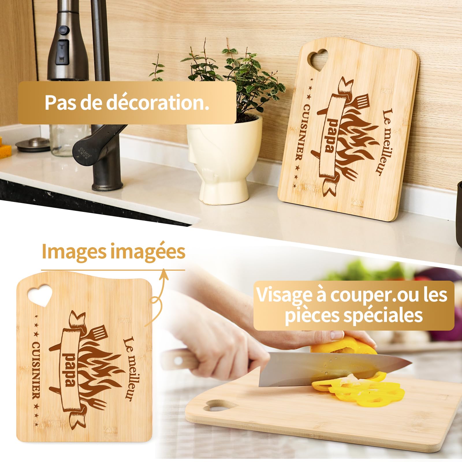 Planche à Découper en Bambou Sculptée Cadeau Papa Fête des Pères