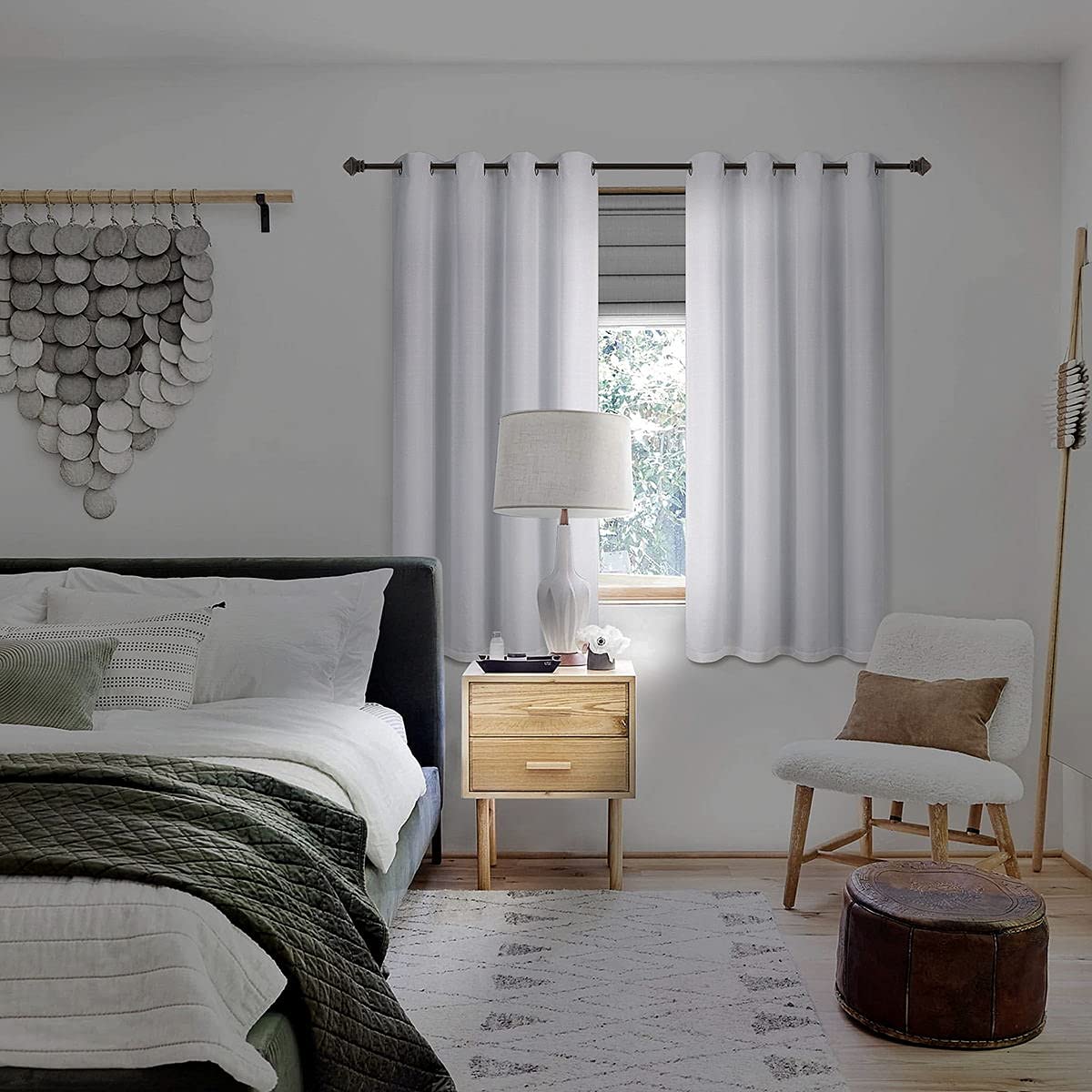 Diraysid 100% Blackout Curtains White Linen Curtains for Bedroom Grommet Thermal Insulated Room Darkening Drapes (2 Panels, W52 x L63 Inch)