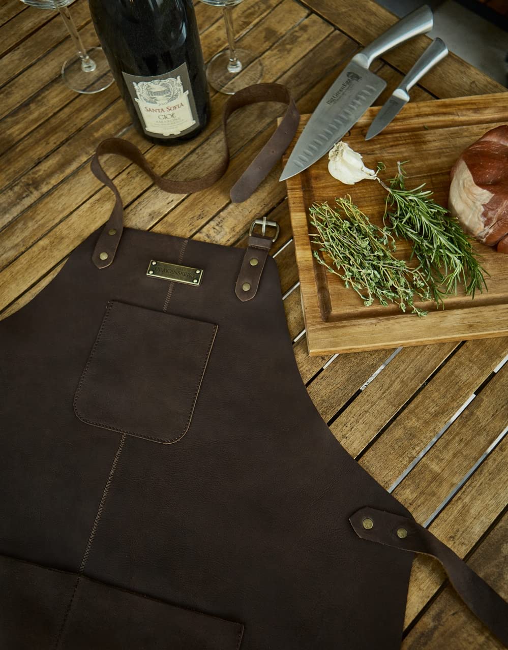 DRAKENSBERG Delantal de Barbacoa 'Bob' - Delantal de cuero profesional para gastro, bar, barista, regalo para caballeros, sostenible hecho a mano, cuero de búfalo, café-marrón, DR00343