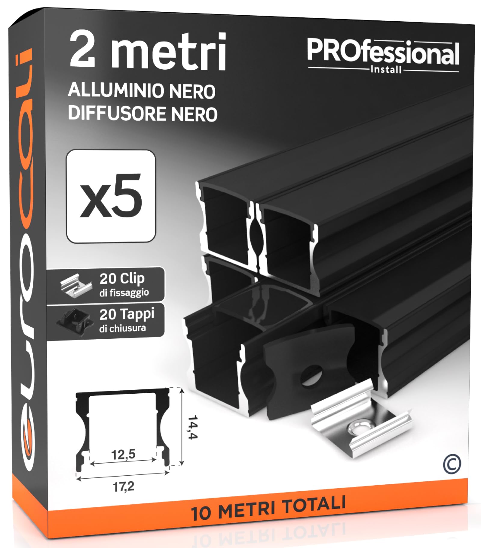 Eurocali 5x Profili da 2 metri (10mt) in Alluminio Nero per Strisce LED Copertura Opaca larghezza max striscia led 12.5mm - 17.2 x 14.4