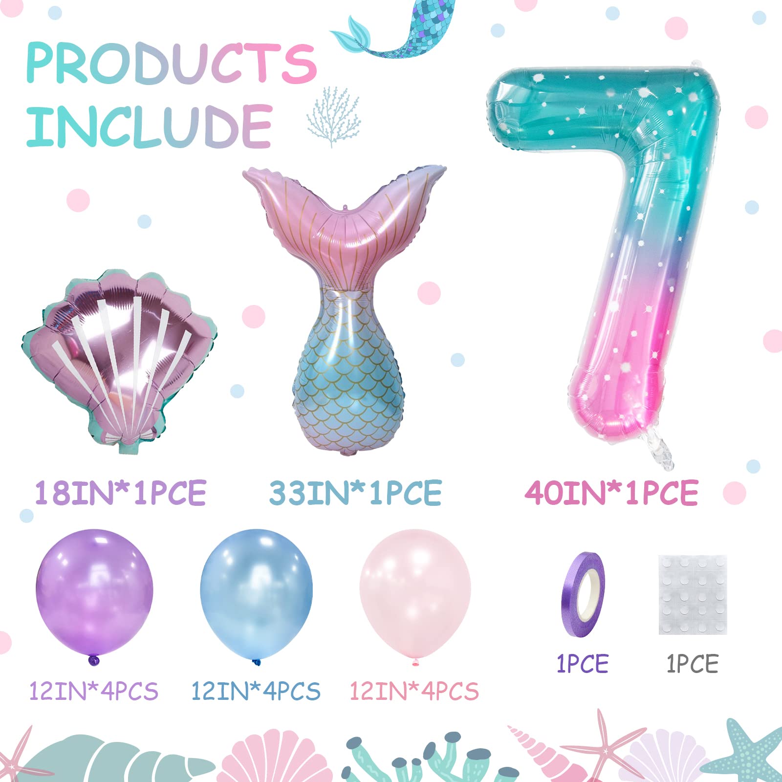 Palloncini Sirena 7 Anni - Set Completo Con Numero Gigante, Conchiglie E Lattice Per Compleanno Bambina