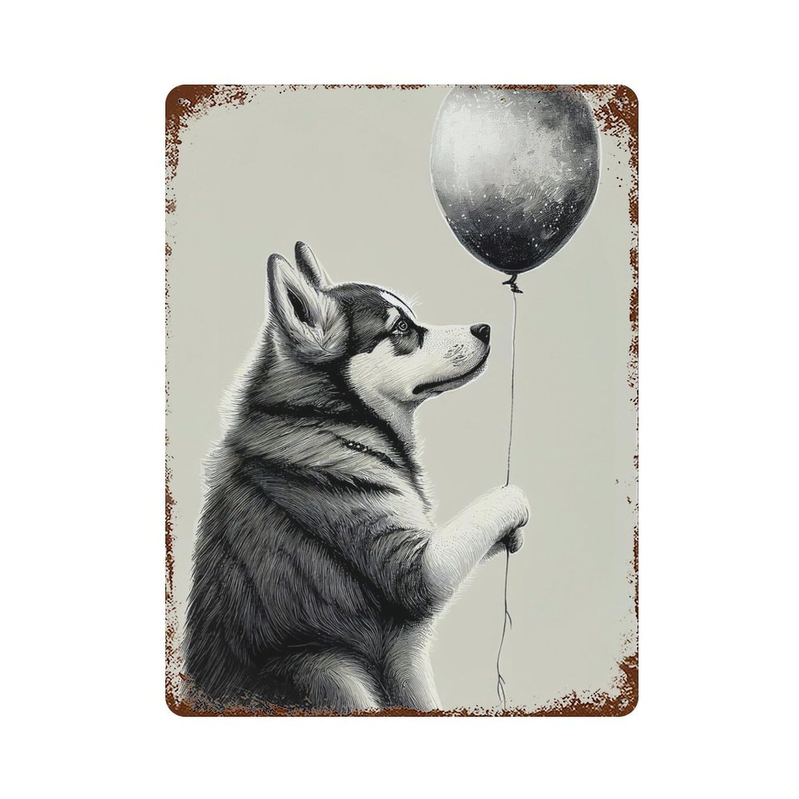 Vintage Rust Metal Sign Husky Balloon Dog 15.7"x11.8", Novelty Wall Decor for Garage, Bar And Workshop Decor