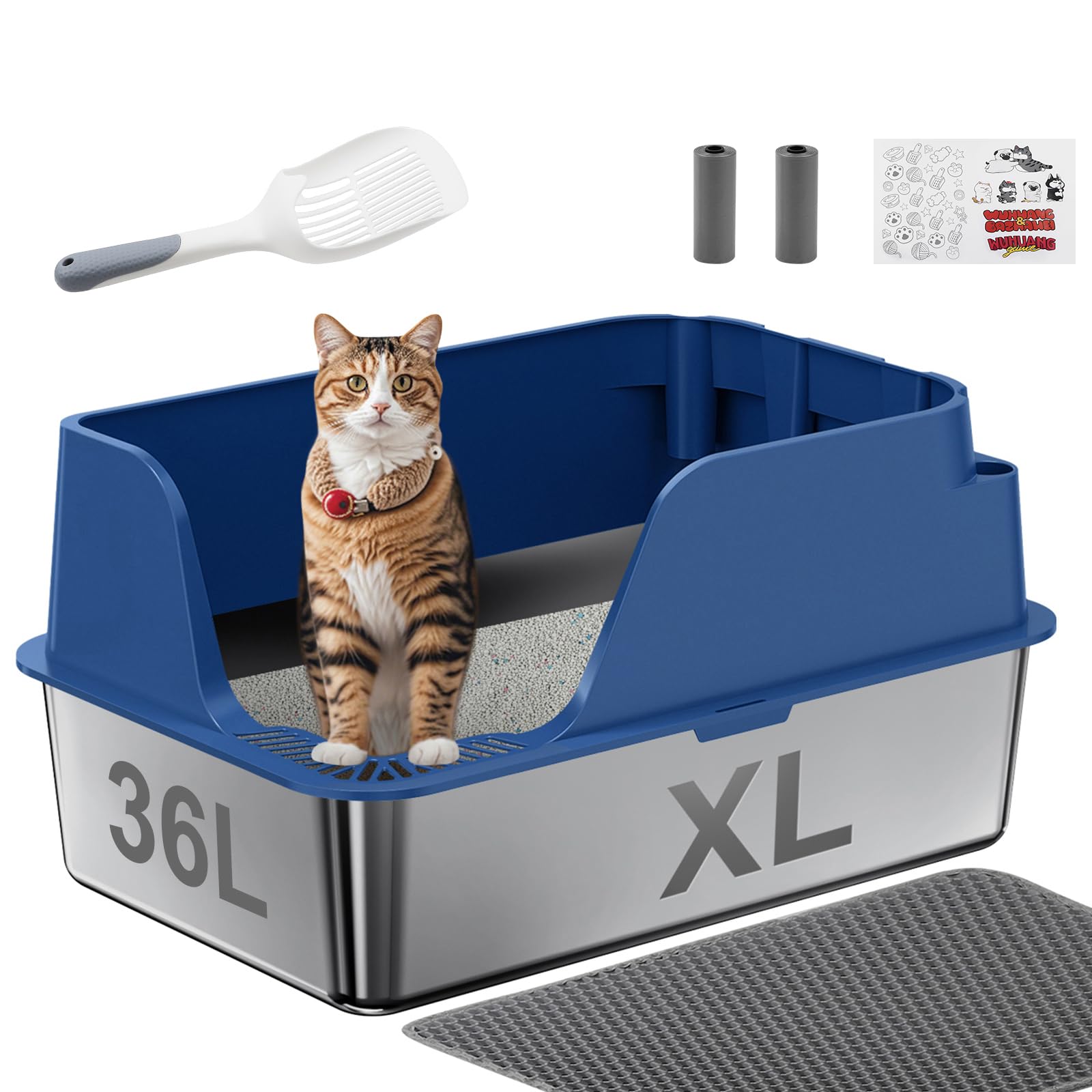 Non-stick Stainless Steel Litter Box, XL Side Opening Splash-Proof & Leak-Proof Seamless Seal, Ellenpent Large Capacity, Cat Litter Box with Lid for Multi-Cats, Large Cats, Easy-Clean & Durable (Blue)