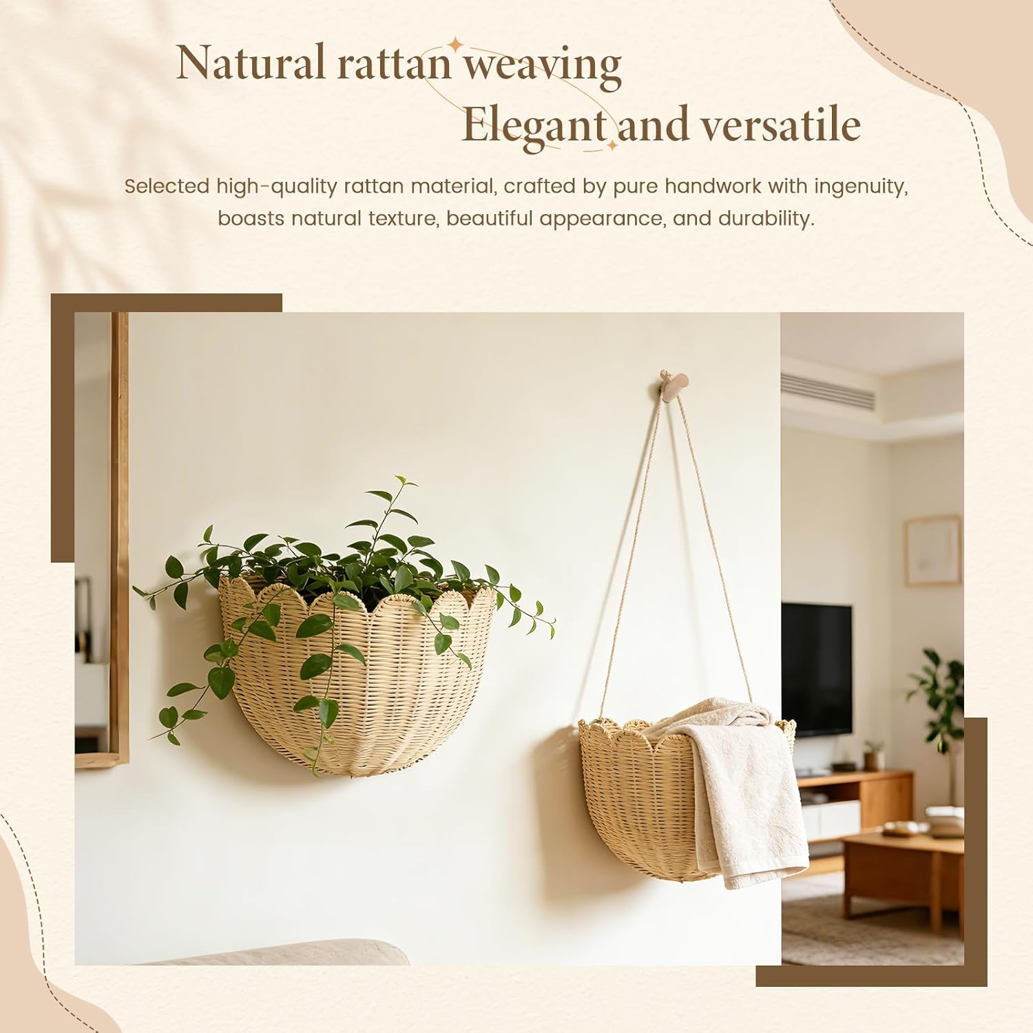 Natural Handwoven Scalloped Wall Basket Set of 2, Premium Rattan Wicker Wall Hanging Organizer for Boho Home Decor, Decorative Wall Storage for Bathroom, Entryway, Living Room & Craft Room