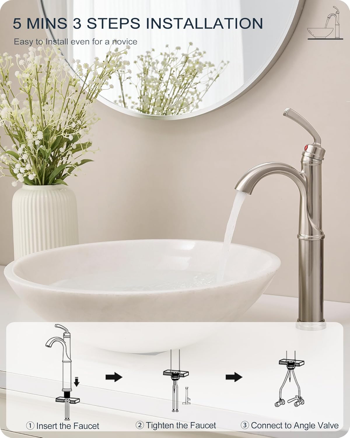 Brass Vessel Faucet Brushed Nickel, 1 Hole Tall Faucet for Bathroom Sink with Single Handle, Pop Up Drain & cUPC Water Hoses, Classic Aerator Style for Vessel Sink, 5 Mins Quick Installation