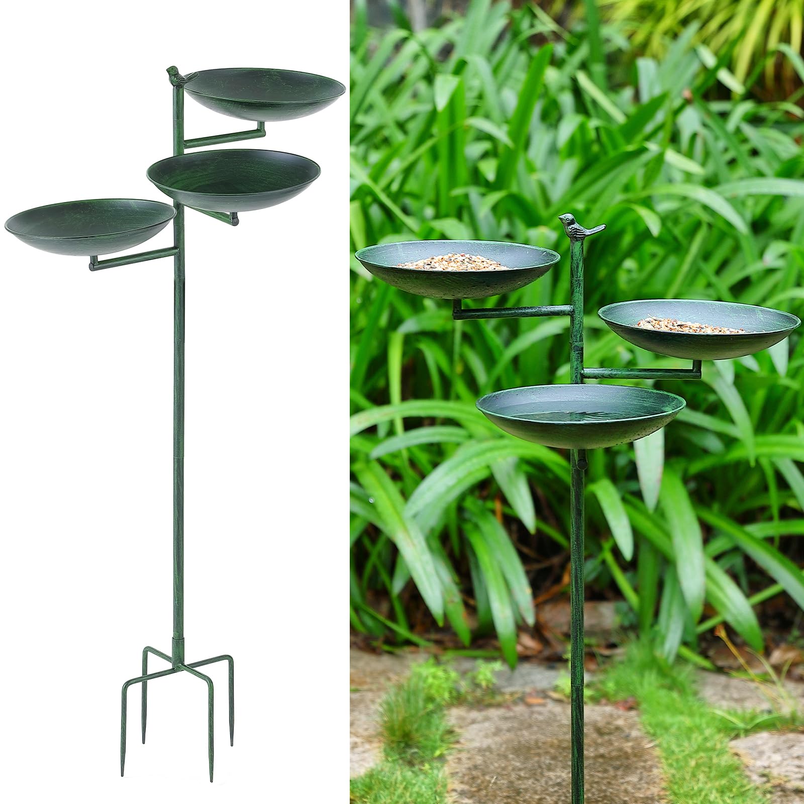 CaliDecor 44" H Bird Bath and Feeder for Outside, 3 in 1 Metal Birdbaths for Outdoors, with 4-Prong Stake Base for Outdoors Yard Garden Patio, Green