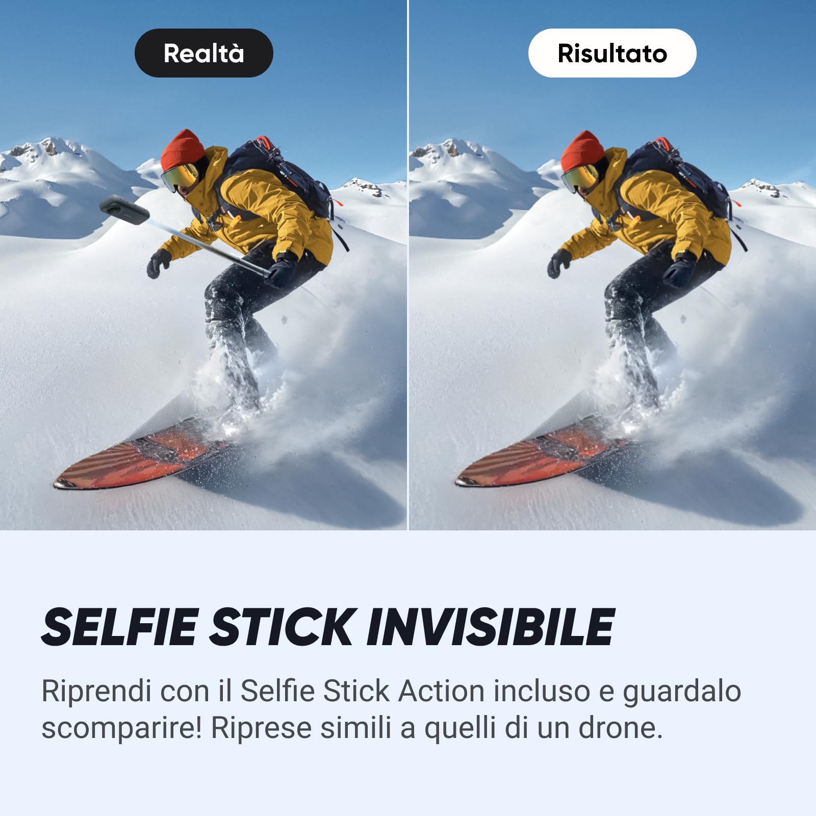 Insta360 X4 Pack Snowboard - Action Cam 360° 8K Impermeabile, Video Grandangolari in 4K, Effetto selfie stick invisibile. Protezioni Lenti Rimovibili, Autonomia Batteria 135 min, Editing IA